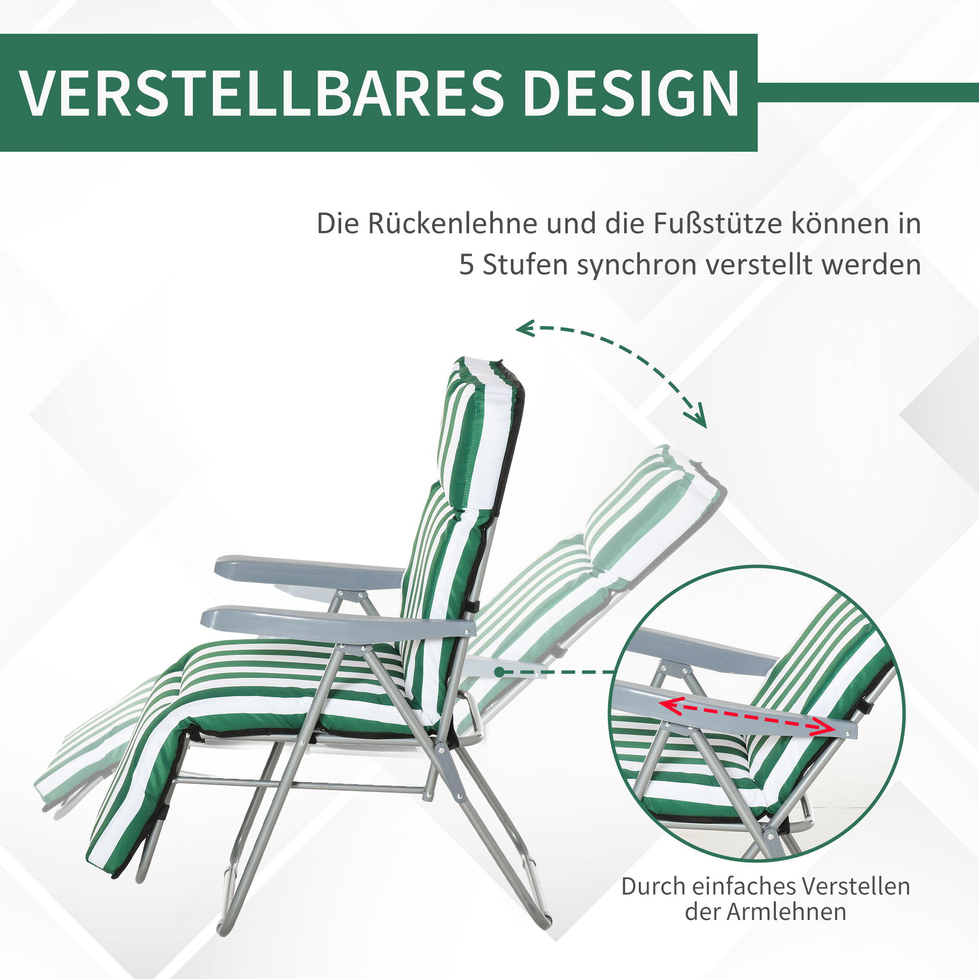 Gartenliegen 2er-Set klappbar mit Auflagen 60 x 75 x 102 cm Stahl Grün+WeiB