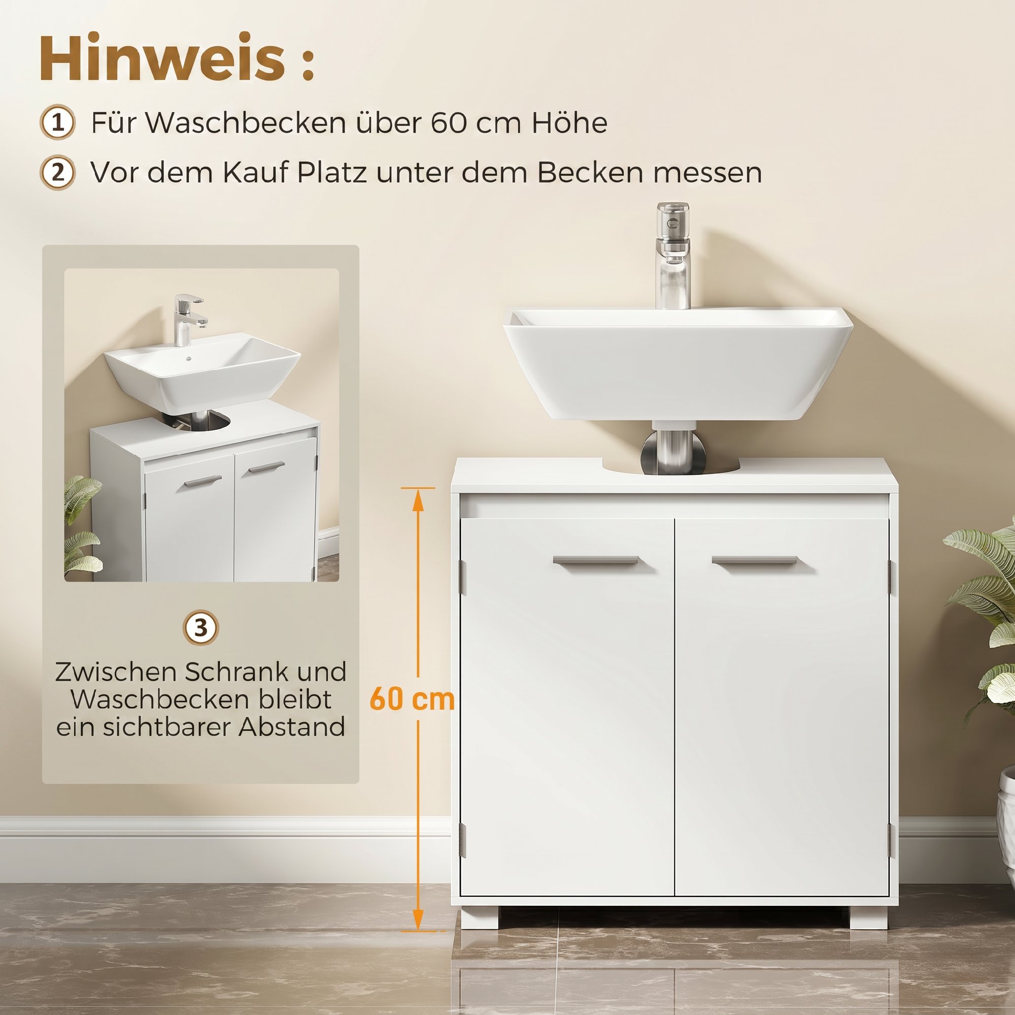 Waschbeckenunterschrank, Modernes freistehendes Badmöbel mit U-förmiger Aussparung, verstellbarem Regal, Weiß