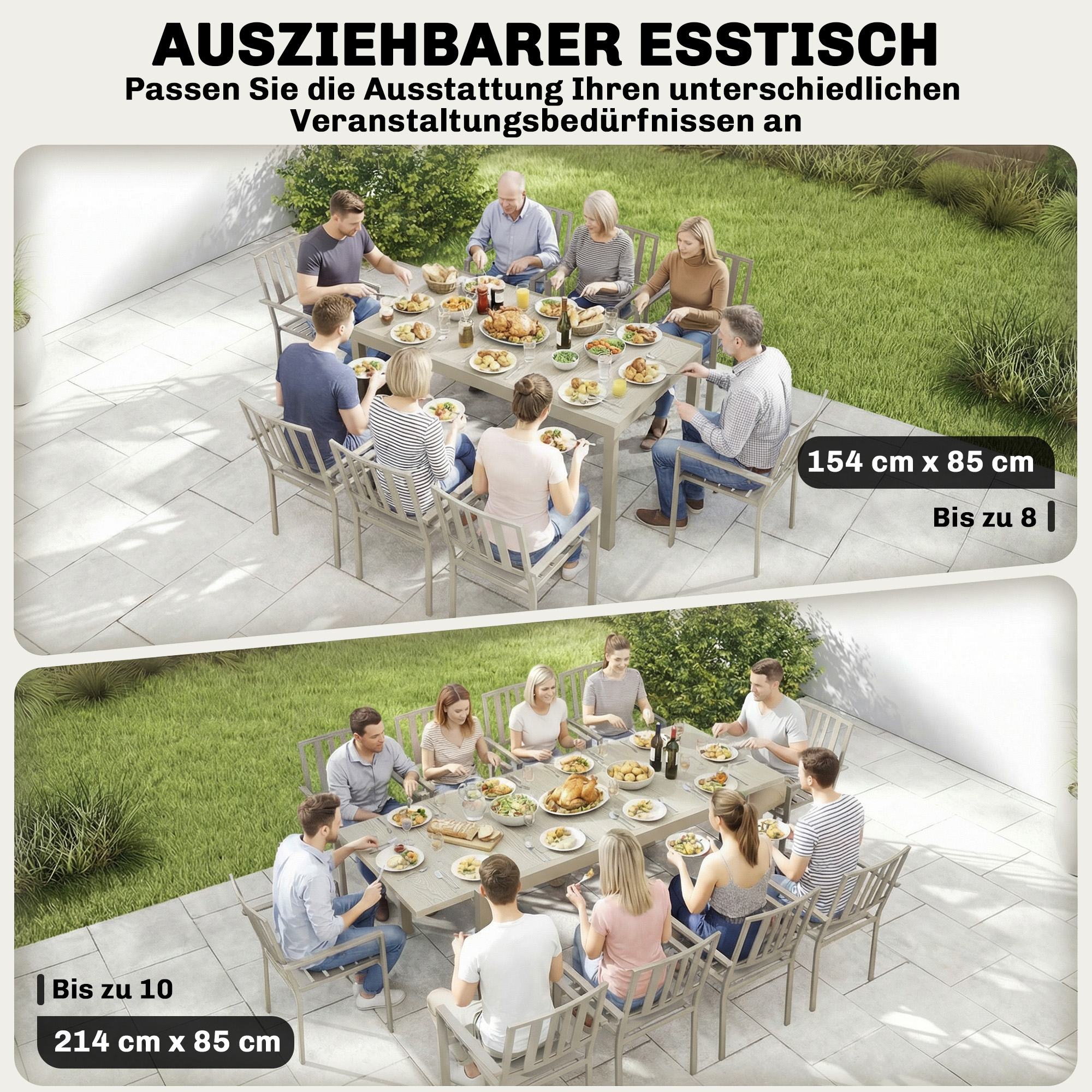 Gartentisch Ausziehbarer 154/214 x 85 cm Aluminium Esstisch für 8-10 Personen mit Holzoptik Hellgrau