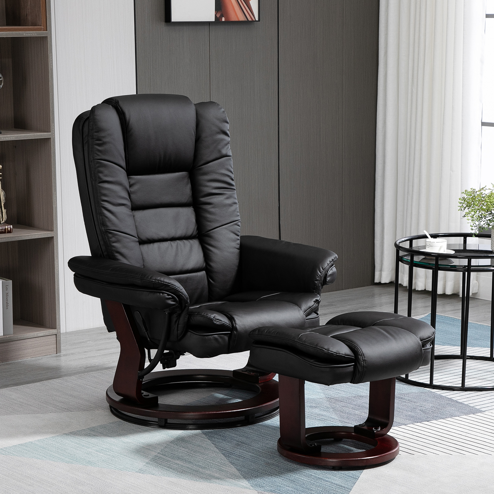 Relaxsessel mit Hocker, Liegesessel, drehbar, neigbare Lehne, Lederoptik, bis 130 kg, Schwarz
