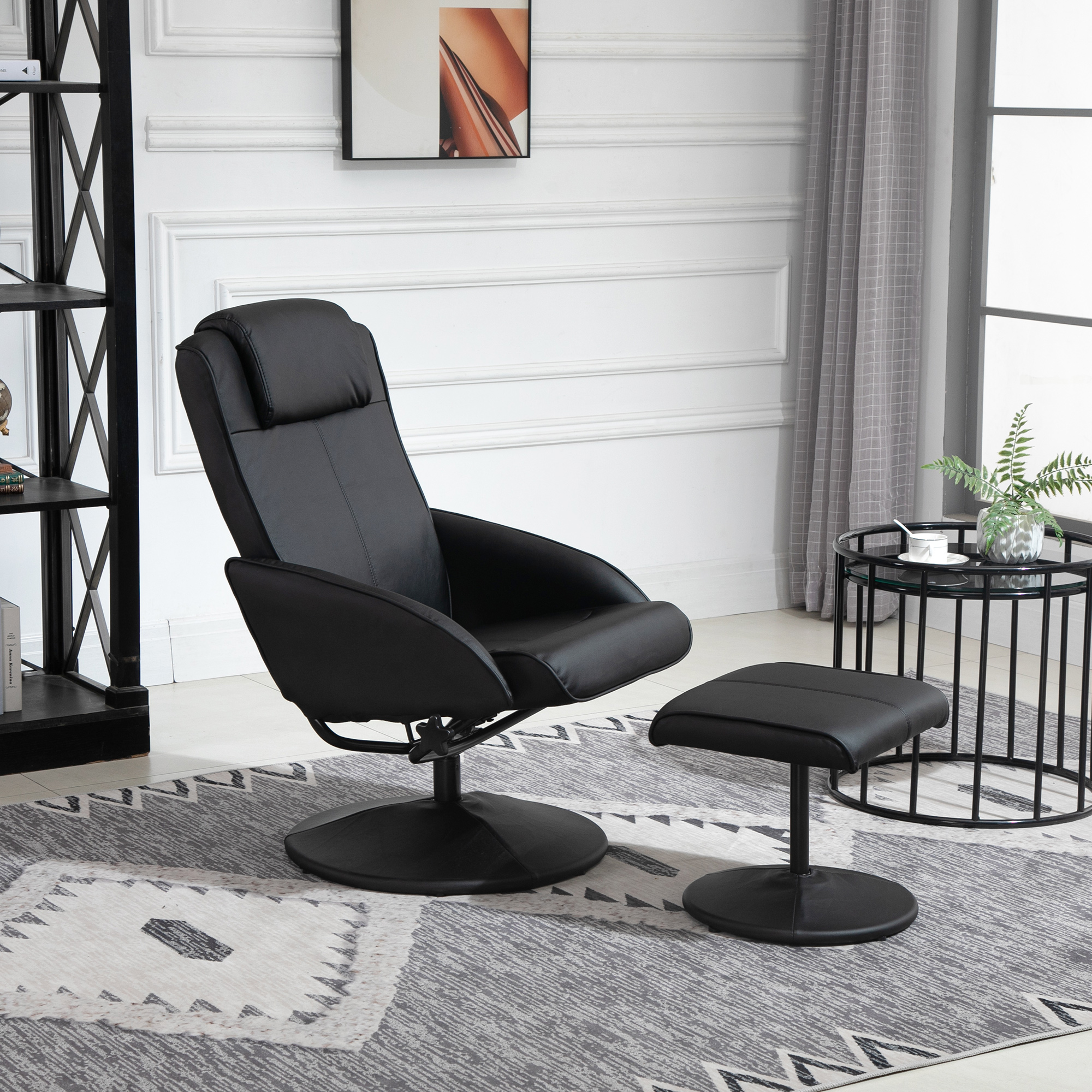 Relaxsessel mit Fußhocker, Kunstleder-Bezug, neigbar, ergonomisches Design, Schwarz