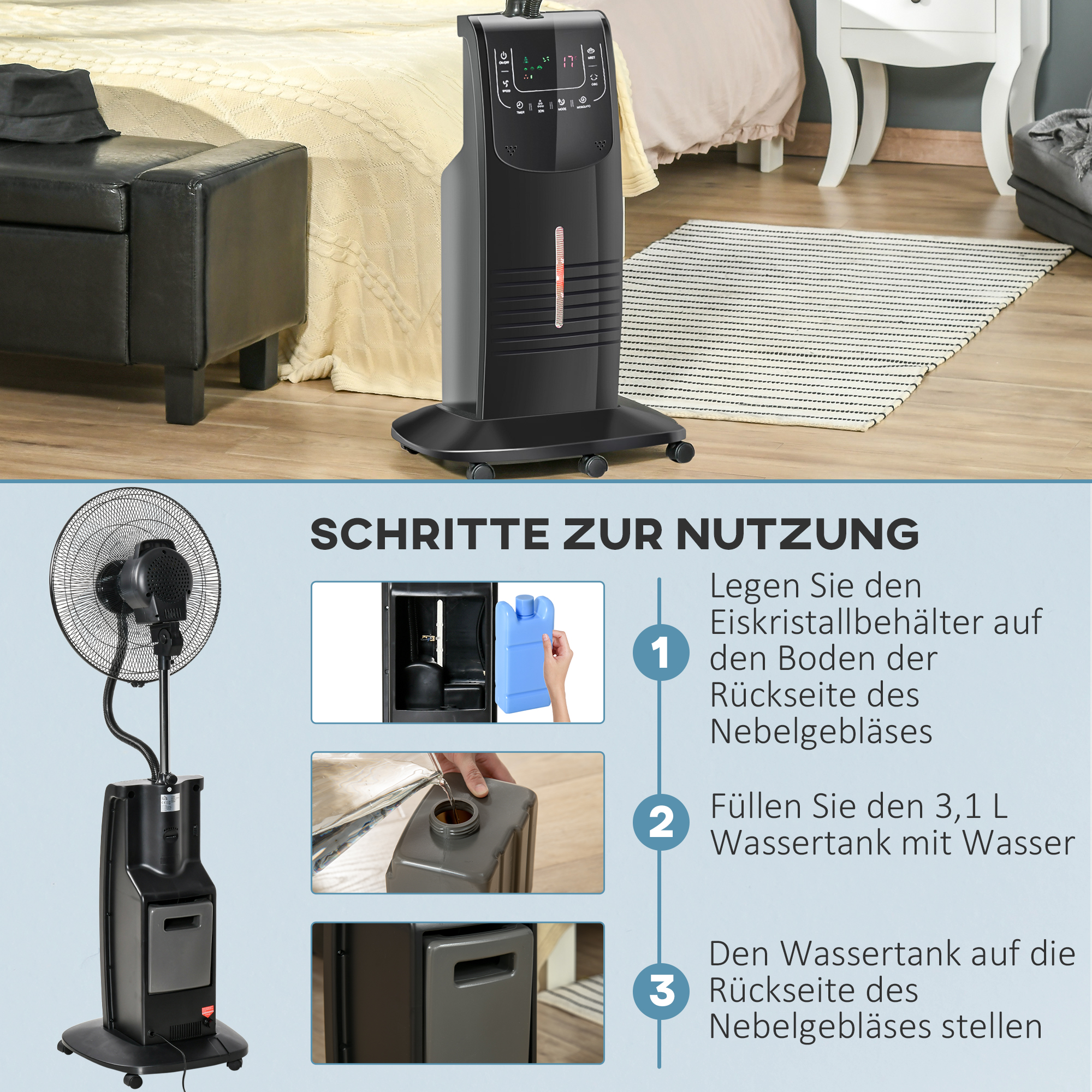 Ventilator mit Wasserkühlung, Standventilator mit Sprühnebel, Fernbedienung, oszillierend, Timer, 3,1 L Wassertank, 3 Modi, 90 W Wasserventilator mit Rollen, 135 cm