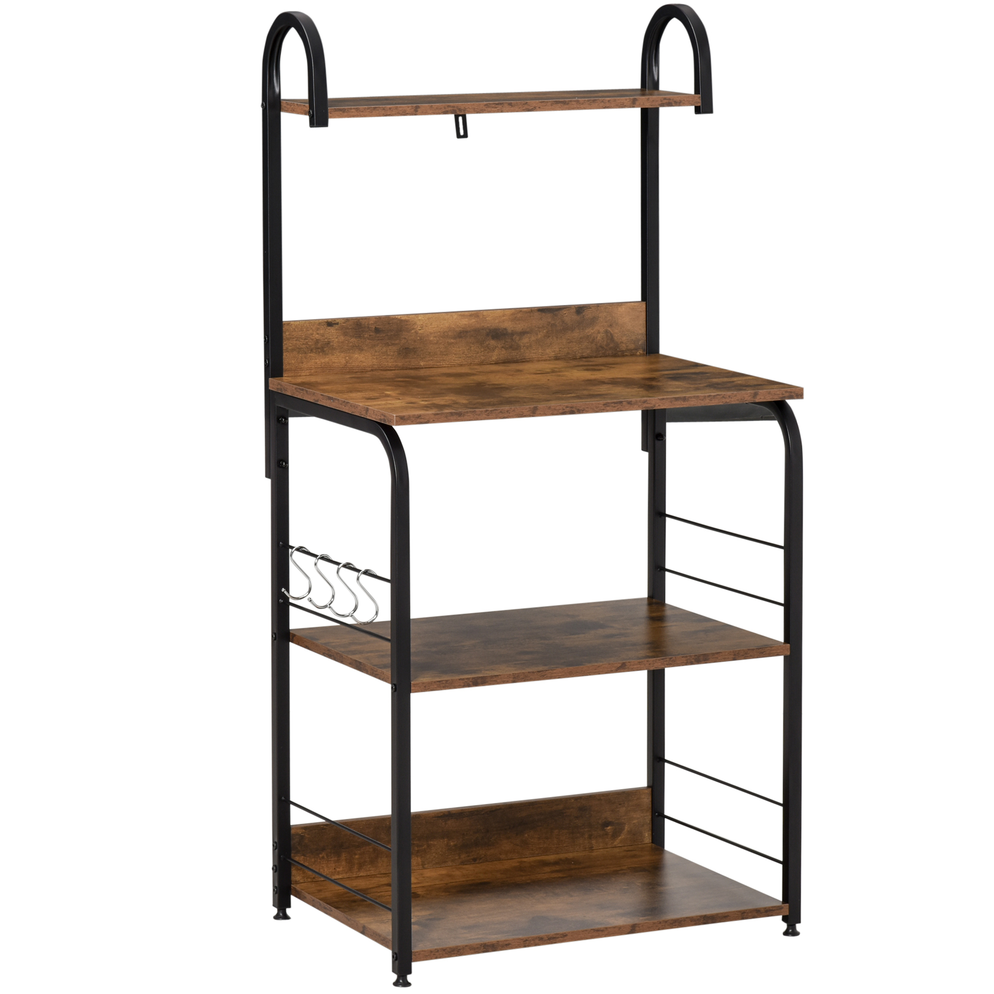 Küchenregal, Standregal mit 3 Ablagen, 4 Haken, Mikrowellenregal für Küche, Esszimmer, Rustikal-Braun, 60 x 40 x 125 cm