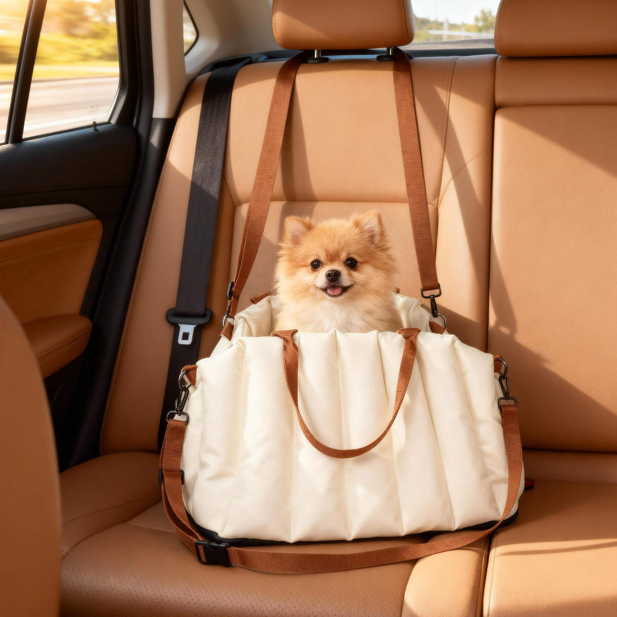 Hundetasche Hundetragetasche für Hunde unter 5 kg, 2 Gurte, Oxford-Stoff, Kissen, Leine, Cremeweiß
