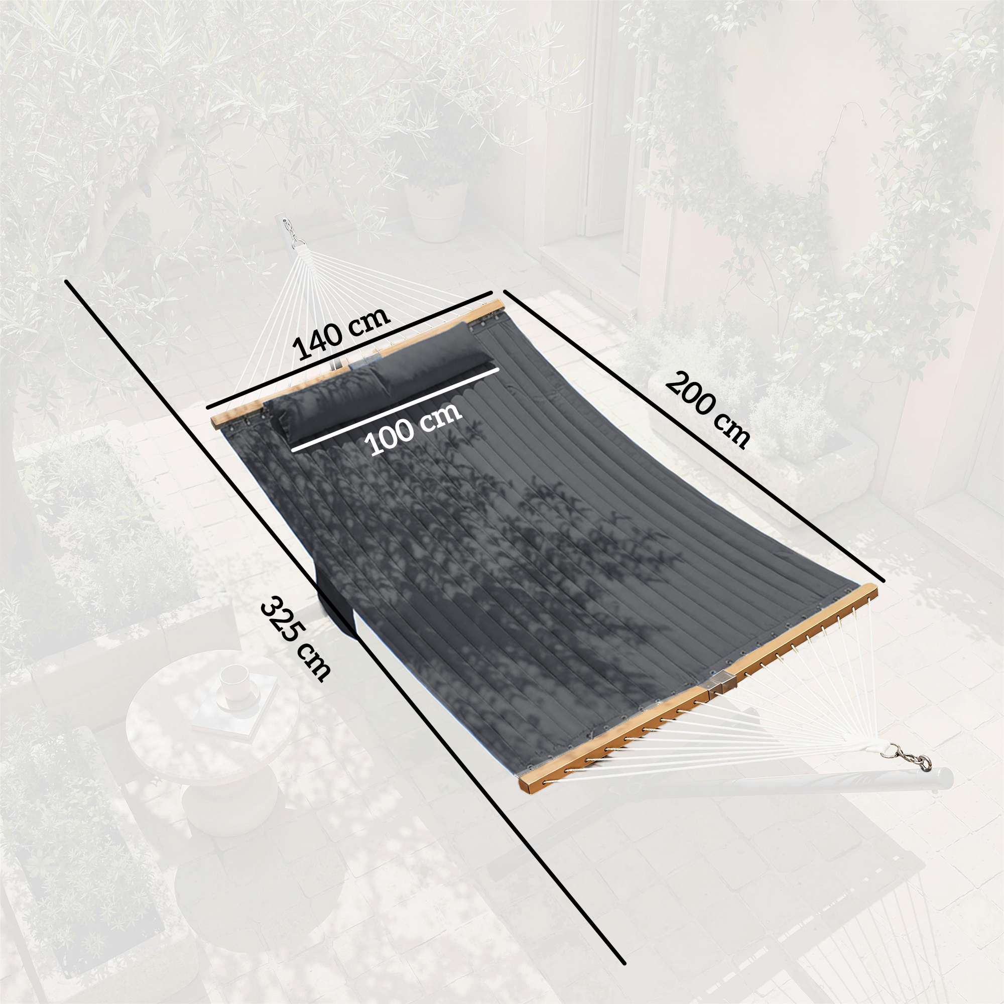 Hängematte Outdoor 200x140cm, zweilagig Hängematte mit Kopfstütze Magazintasche Holzstäbe bis 200kg