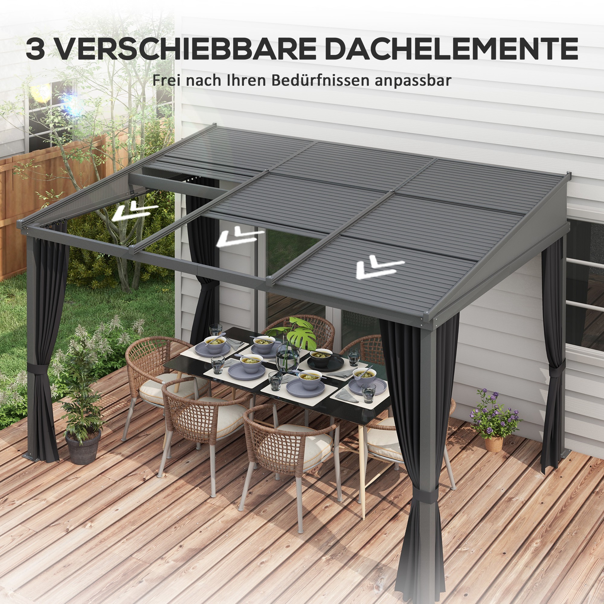 Gartenpavillon, Pergola, mit Schiebedach, Vorhängen, Aluminiumrahmen, dunkelgrau, 3,65 x 2,55 x 2,05 m