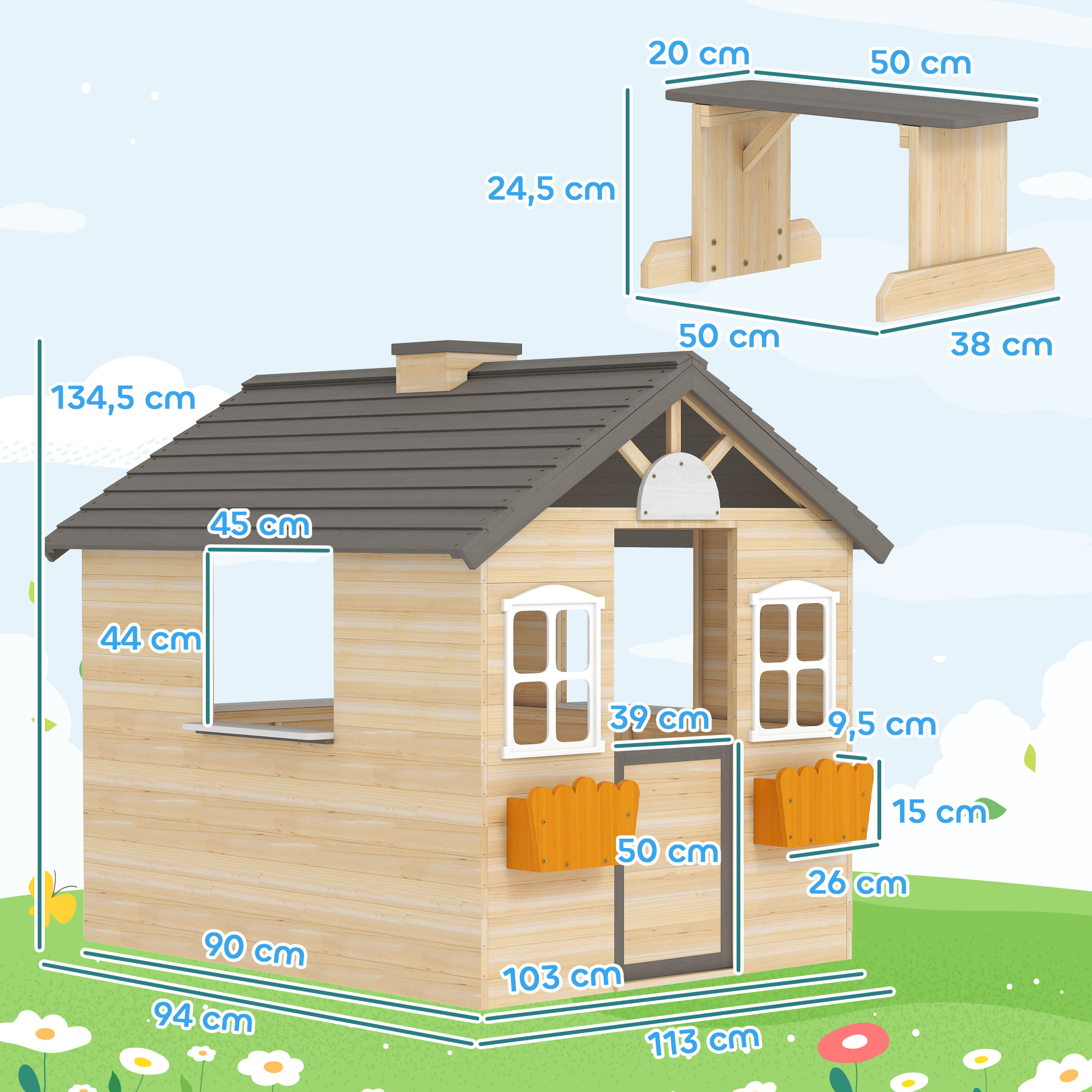 Spielhaus Kinderspielhaus aus Holz mit Tür Fenster Briefkasten Blumentopfrack Gartenhaus für Jungen und Mädchen 3-7 Jahre Kinderspielzeug für Outdoor & Indoor Natur