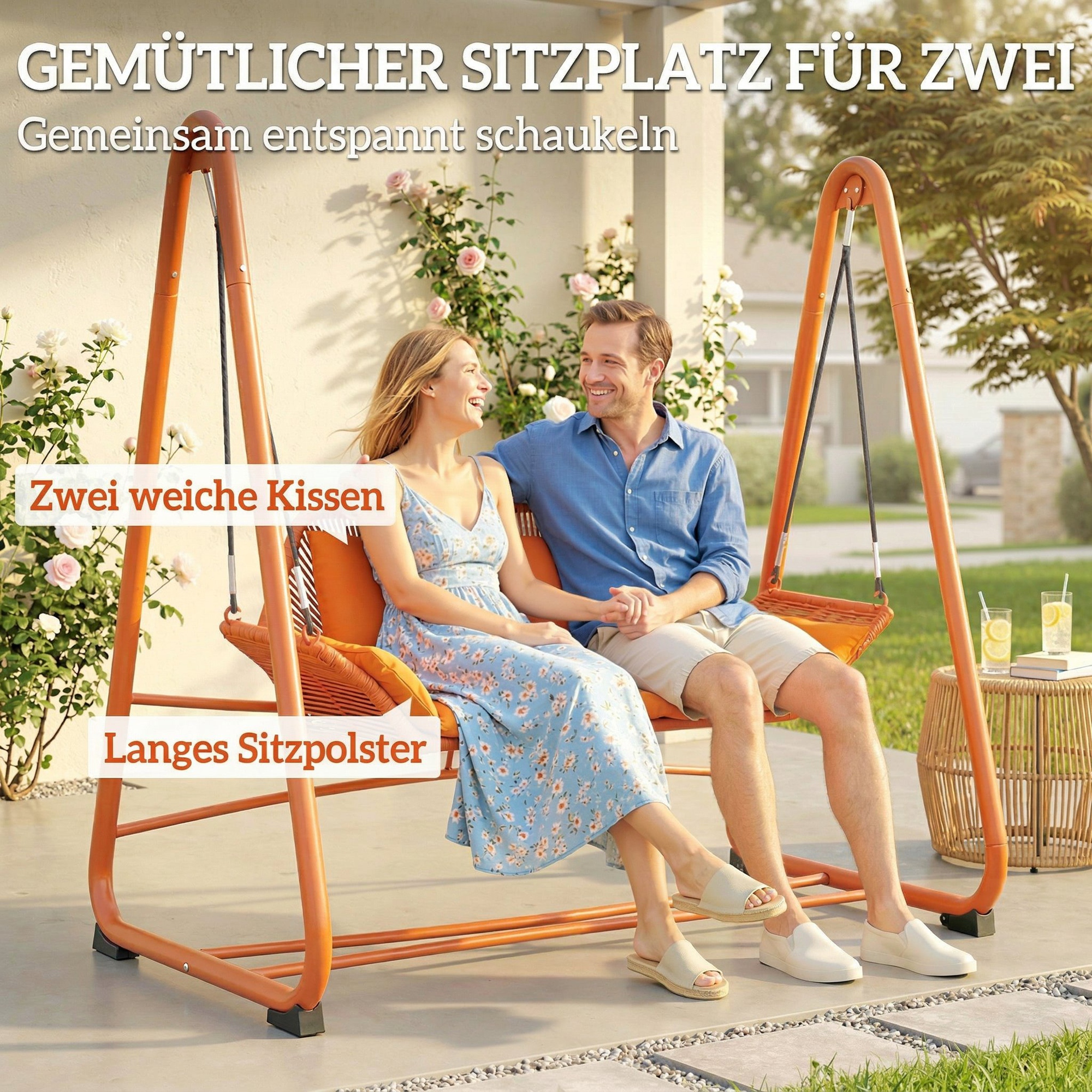 Hollywoodschaukel, Gartenschaukel mit Kissen, Gestell, für Garten, Balkon, 174 x 120 x 162 cm, Metall, Terrakotta