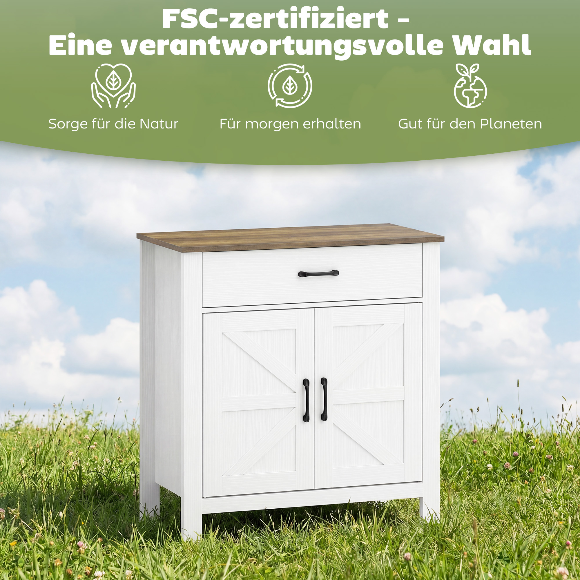 Sideboard Buffet-Schrank, Bauernhaus-Küchenschrank mit Schiebetüren und verstellbarem Regal, Weiß