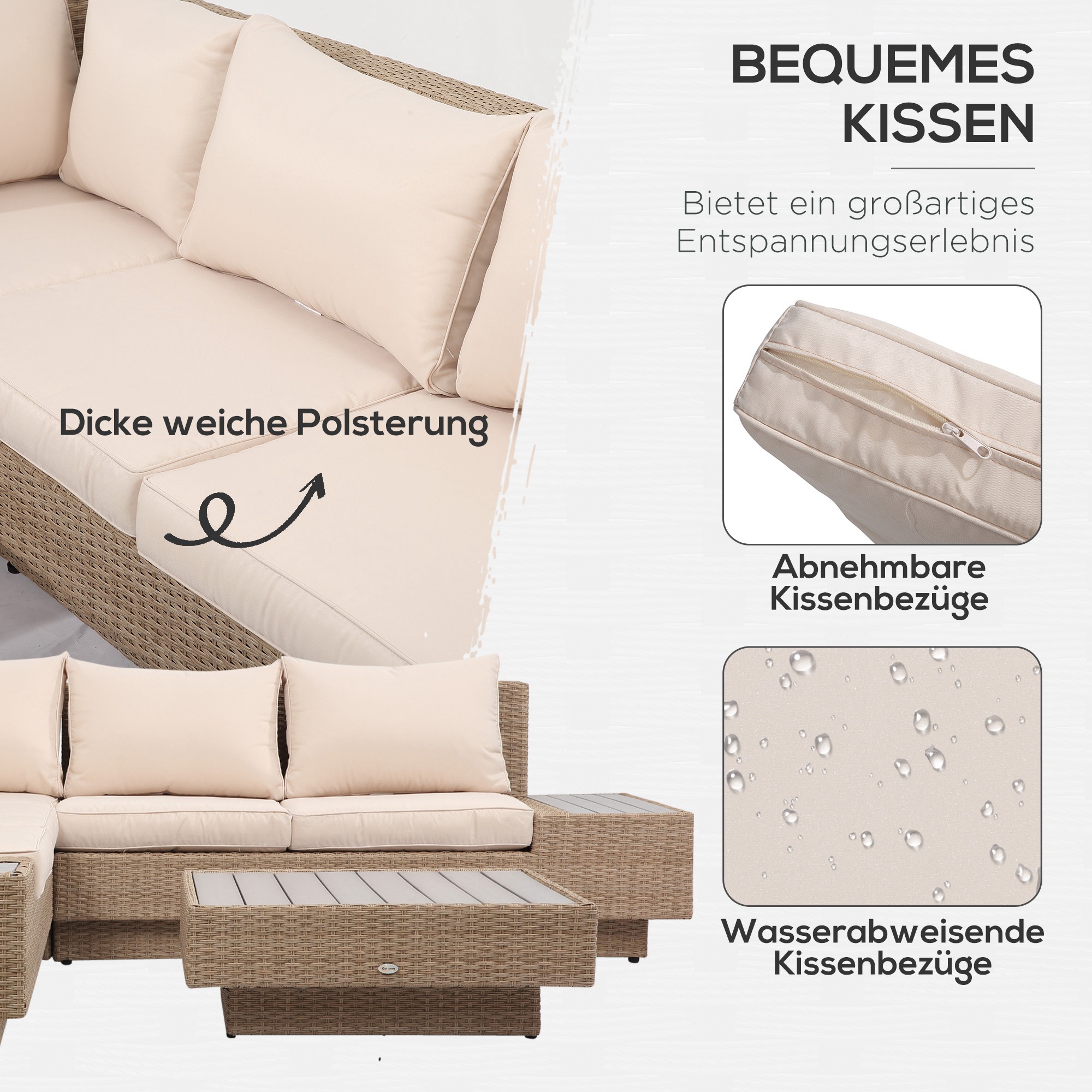 4-tlg, Luxus Polyrattan Gartengarnitur Gartenmöbel Garten-Set Sitzgruppe Loungeset Loungemöbel inkl, Ablagen und Beistelltisch Sitzkissen Braun