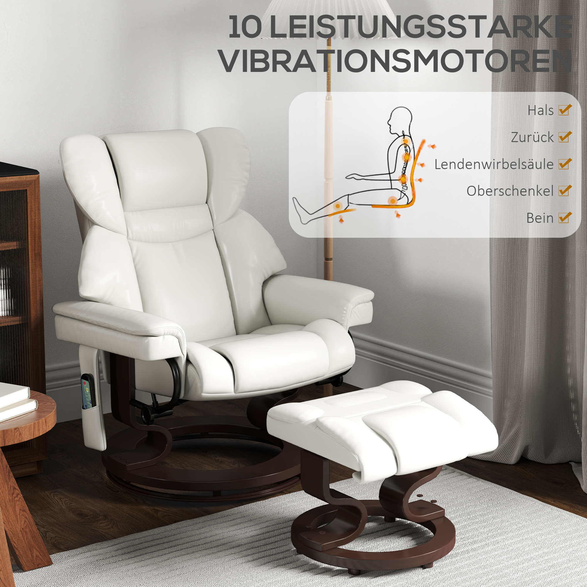 Relaxsessel mit Massagefunktion und Fußhocker, Liegesessel, Kunstleder, 79 x 82 x 101 cm, Cremeweiß