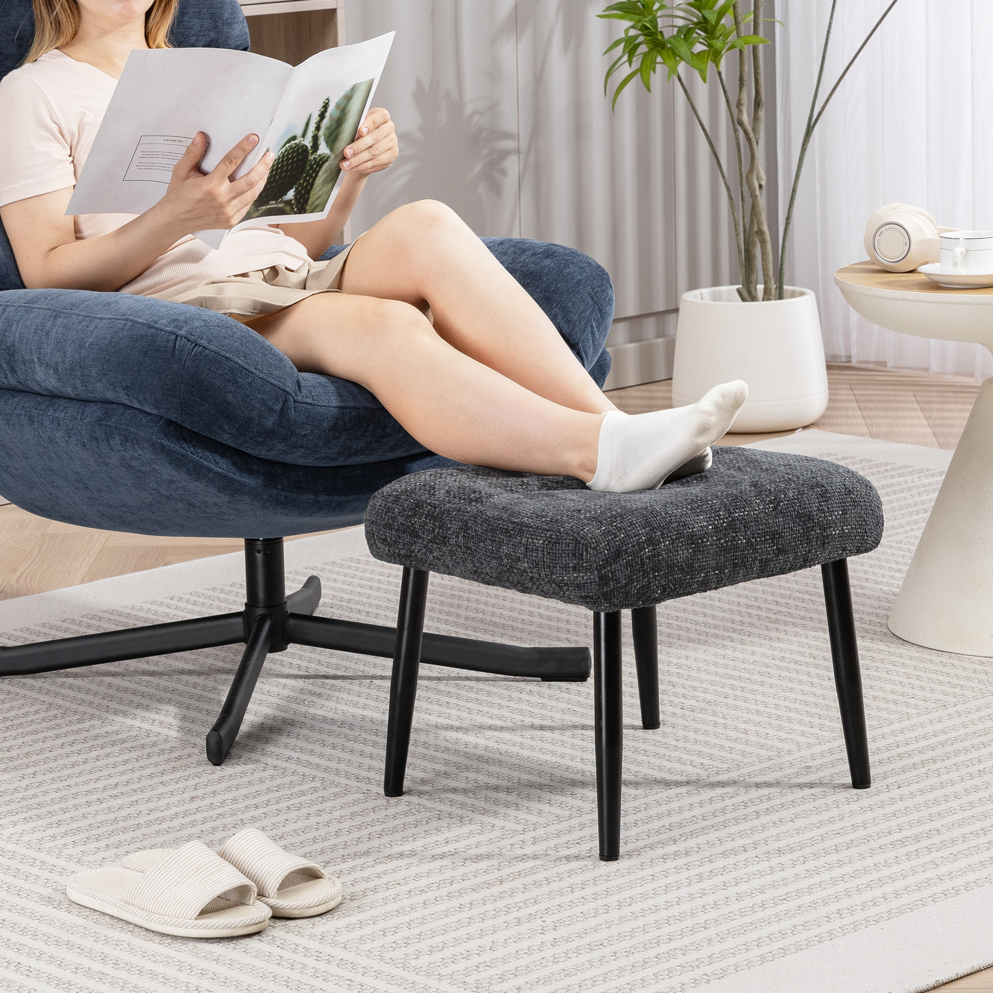 Sitzhocker Hocker mit weichem Sitzkissen Stahlbeinen Fußhocker mit Chenille-Stoff, 45 x 41 x 38 cm, Dunkelgrau