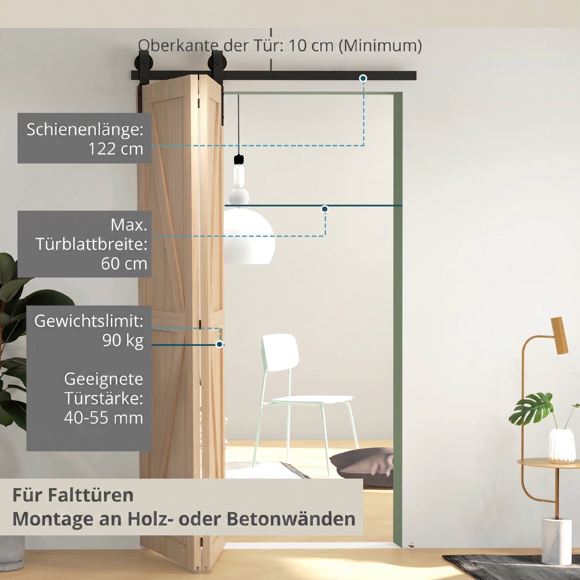 Schiebetüren-Beschlagsatz 122 cm Beschlagsatz für Doppelflügelige Schiebetüren mit J-förmigen Aufhängern, Rohrschellen