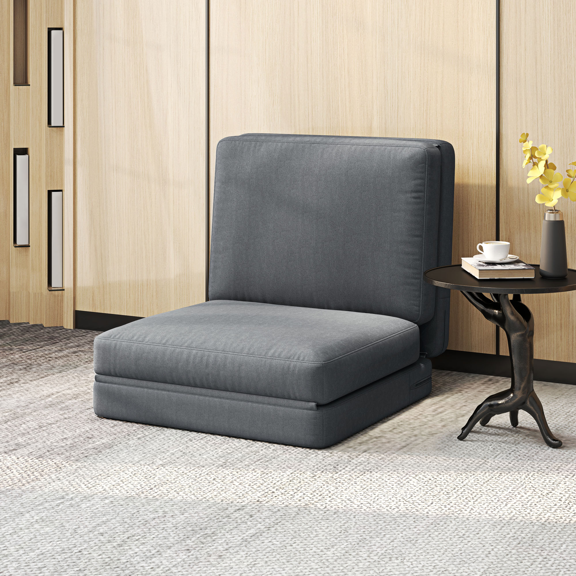 Faltbarer Bodensessel mit Kissen, wandelbares Polstersofa, Wohnzimmer, Gästezimmer, Büro, 75 x 268 x 18 cm, Dunkelgrau