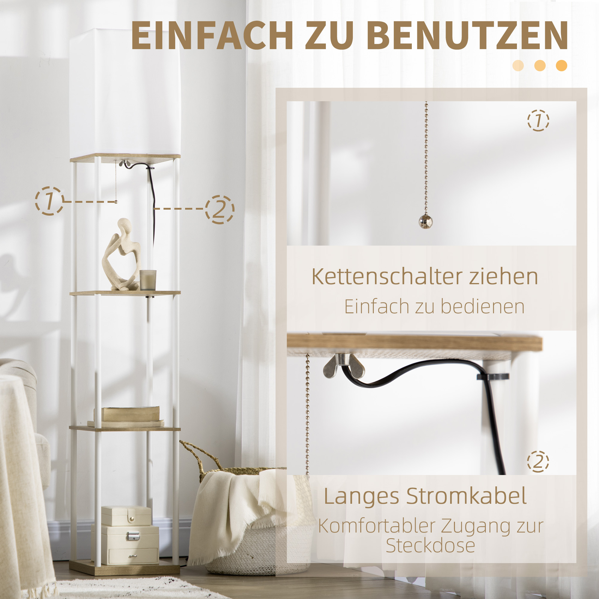 Standleuchte, Deckenfluter, mit Regalen, Metallrahmen, Stoffschirm, 26x26x159cm, Weiß/Braun