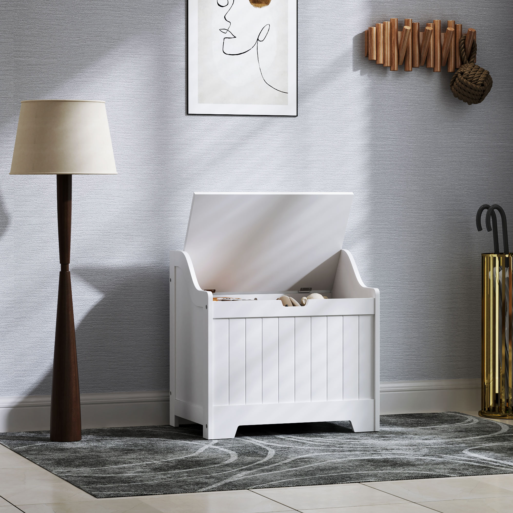 Aufbewahrungstruhe, Holzkiste mit Deckel, viel Stauraum, modernes Design, Weiß