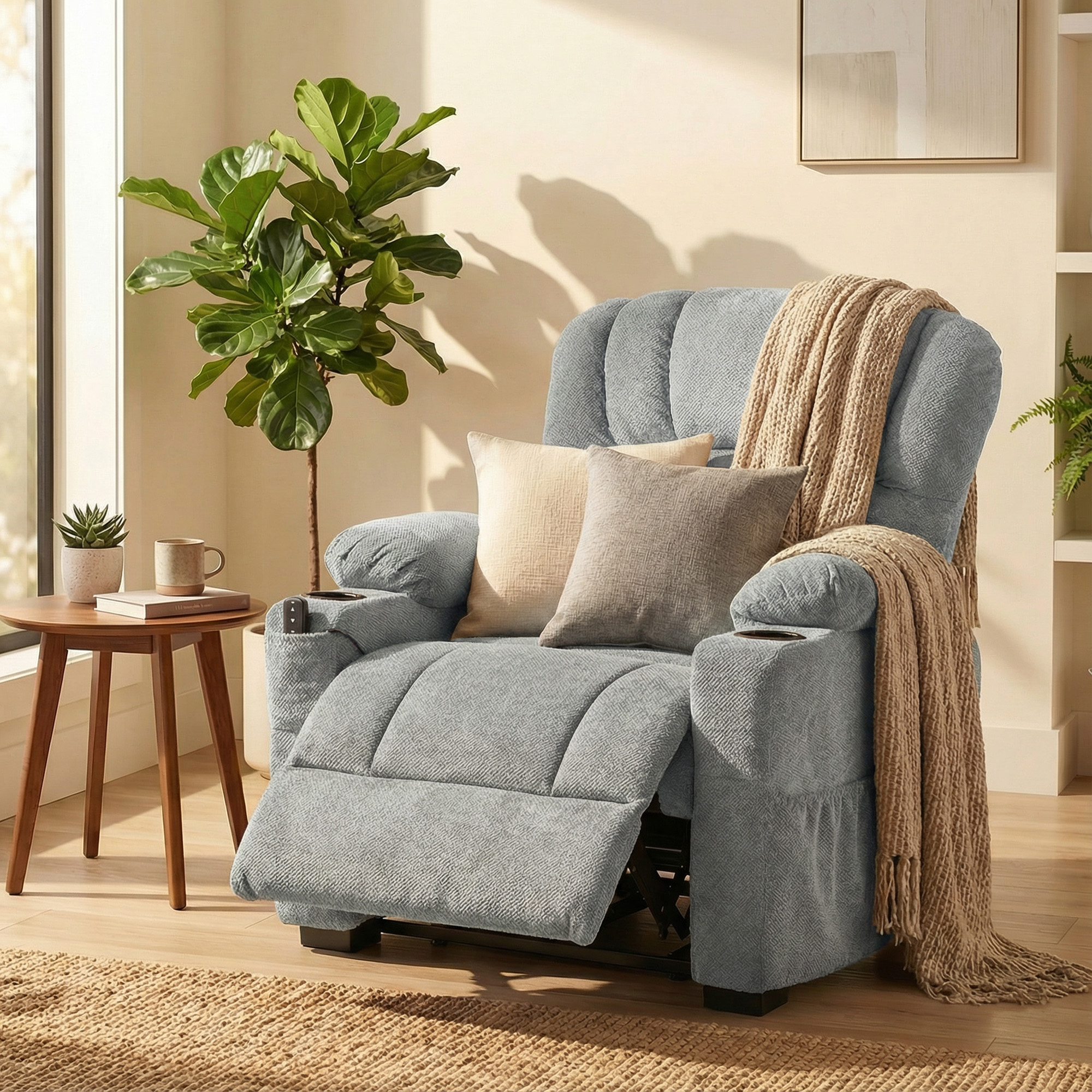 Relaxsessel Elektrisch Fernsehsessel mit Liegefunktion, USB, Getränkehalter, 2 Memory-Positionen für Wohnzimmer, Grau