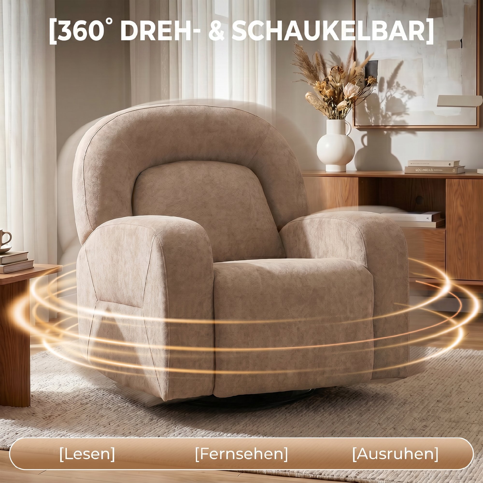 Relaxsessel, 360° Drehbarer Liegesessel mit Wolkenweichem Samtstoff, Breitem Sitz, für Wohnzimmer, Khaki