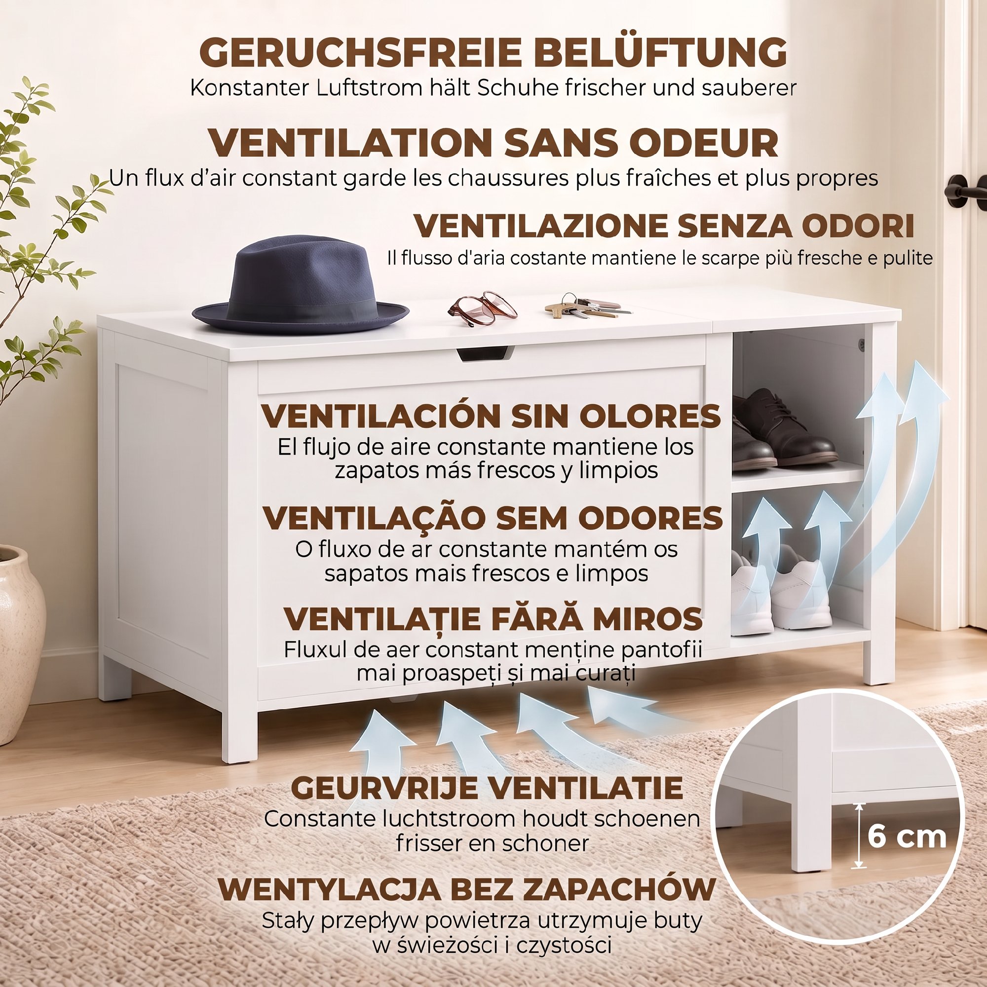 Schuhbank mit verstellbarem Einlegeboden und Klappfach, Schuhaufbewahrungsbank, Weiß