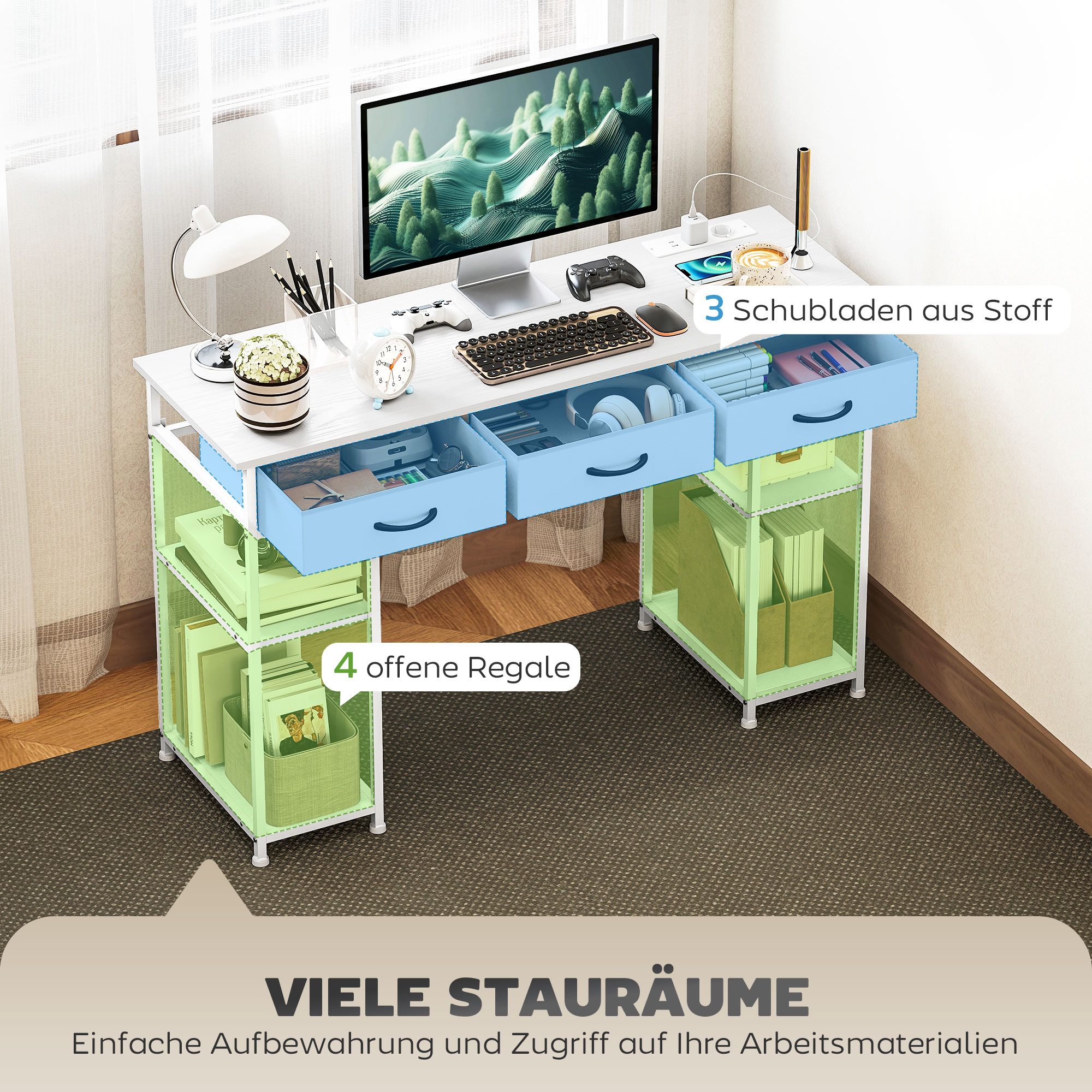 Schreibtisch Küchentisch mit 2 USB-Ladeanschlüssen 2 Steckdosen verstellbare Regale 3 Stoffschubladen 120x40x76 cm Weiß