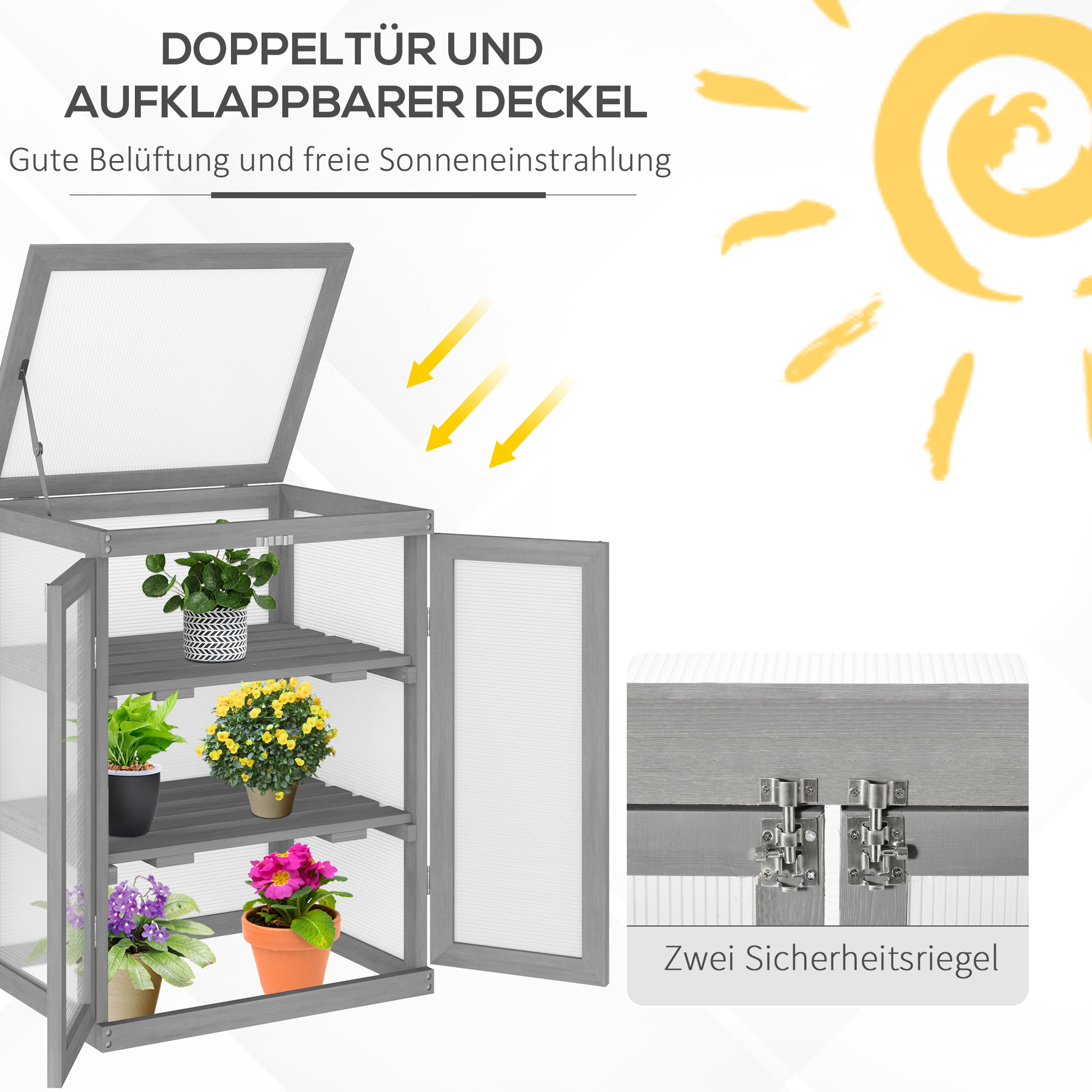 Gewächshaus, Treibhaus, transparent, geeignet für Außenbereiche, Holz+Polycarbonat, 58 x 44 x 78cm