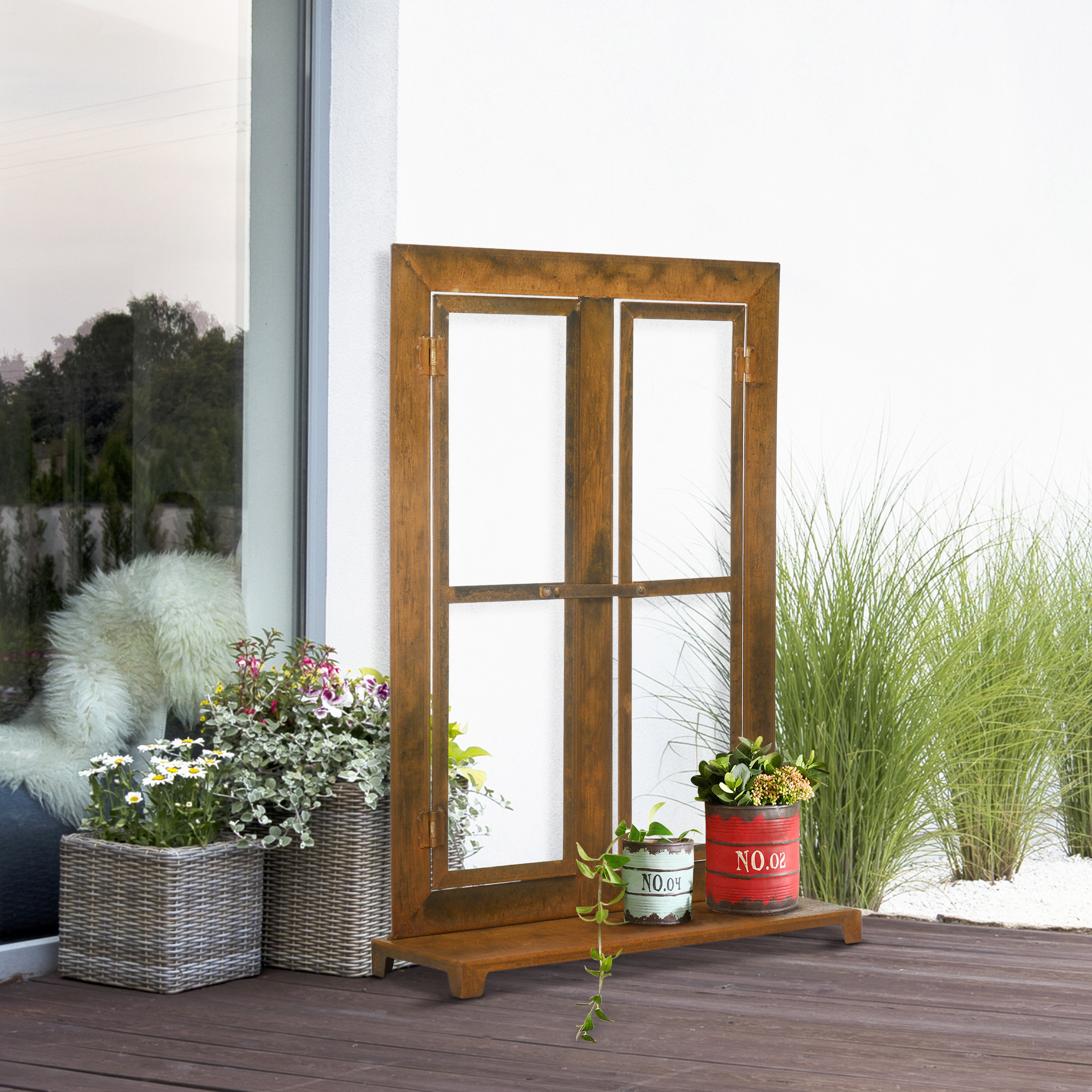 dekorativer Fensterrahmen für den Garten, Vintage-Design, 55 cm x 19 cm x 80 cm, Metall, Braun