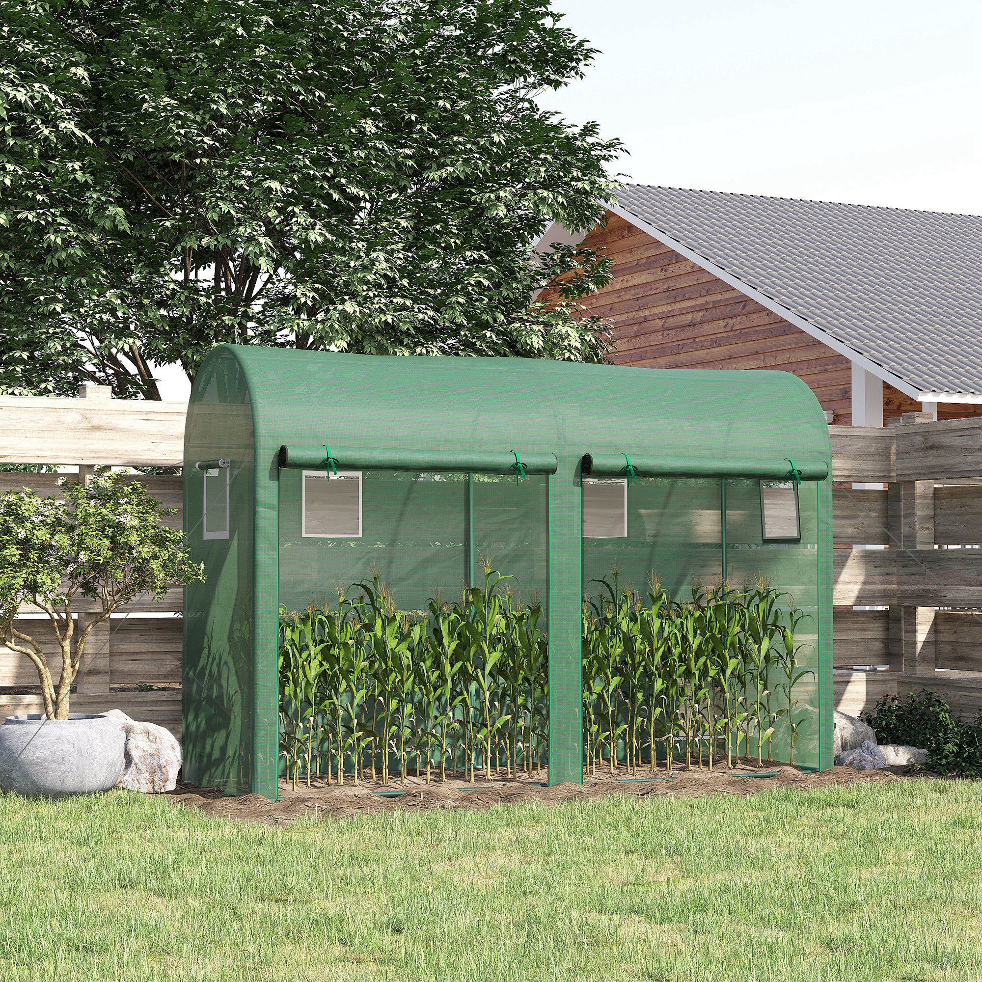 Gewächshaus mit Fernster, Tür, Foliengewächshaus aus Stahl, Treibhaus mit PE-Gitterfolie für Balkon, Garten, Tomatenhaus 300x100x200cm, Tomatengewächshaus für Gemüse, Blumen, Pflanzen, Grün