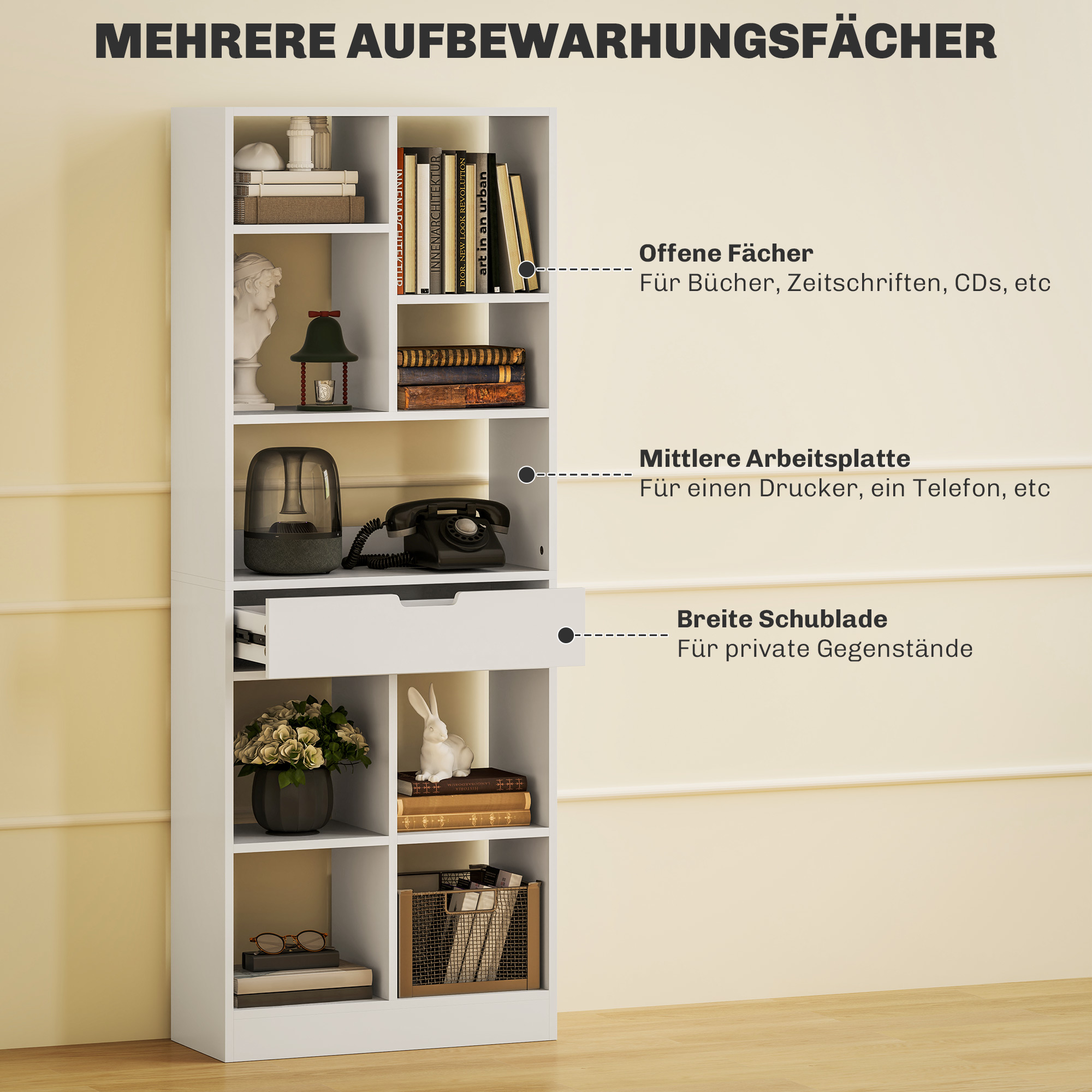 Bücherregal, Mehrzweckregal, 9 Fächer, Schublade, Kippschutz, 60 x 26 x 158 cm, Weiß