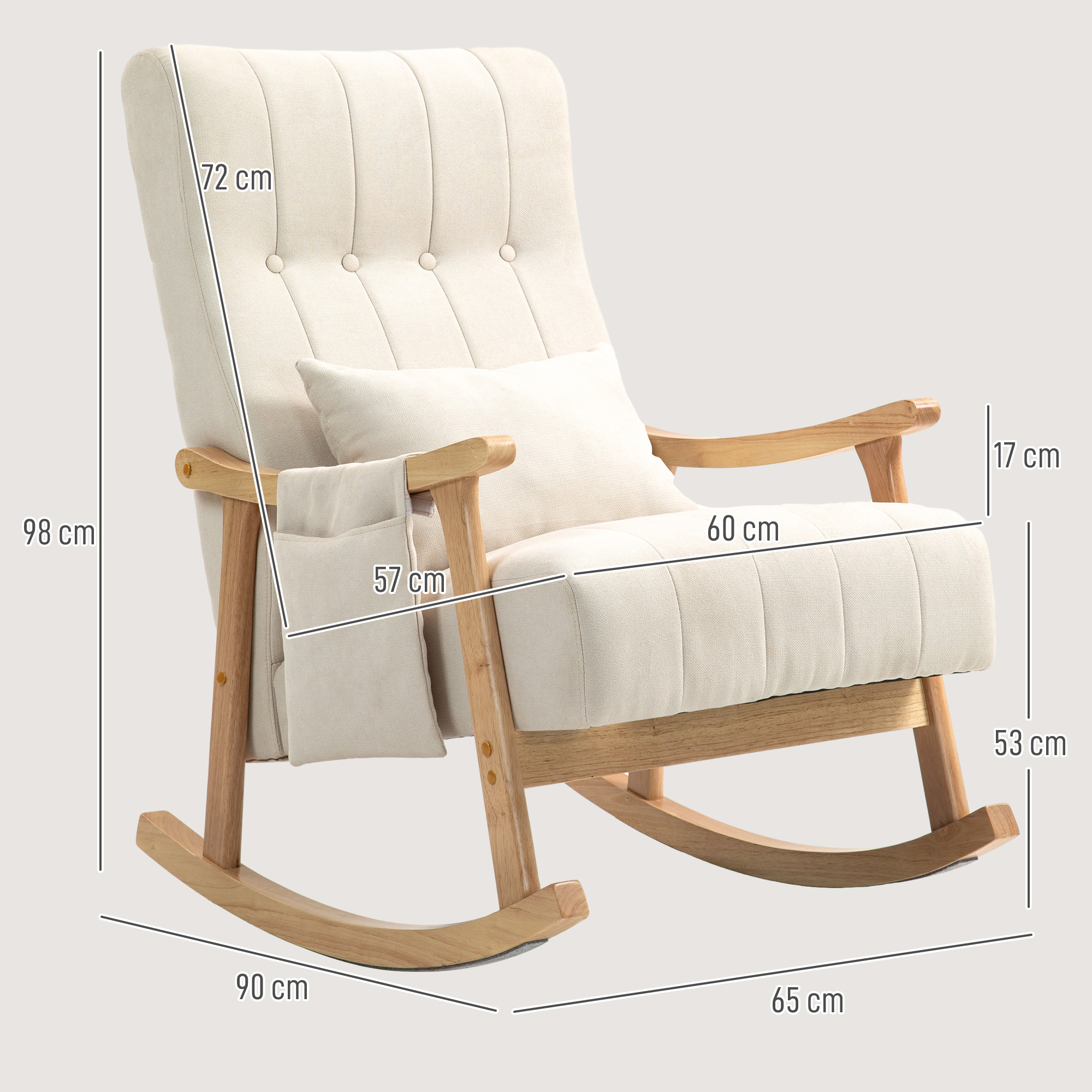 Schaukelstuhl mit Nierenkissen, breiter Sitz, Kautschukholzrahmen, bis 120 kg, Beige