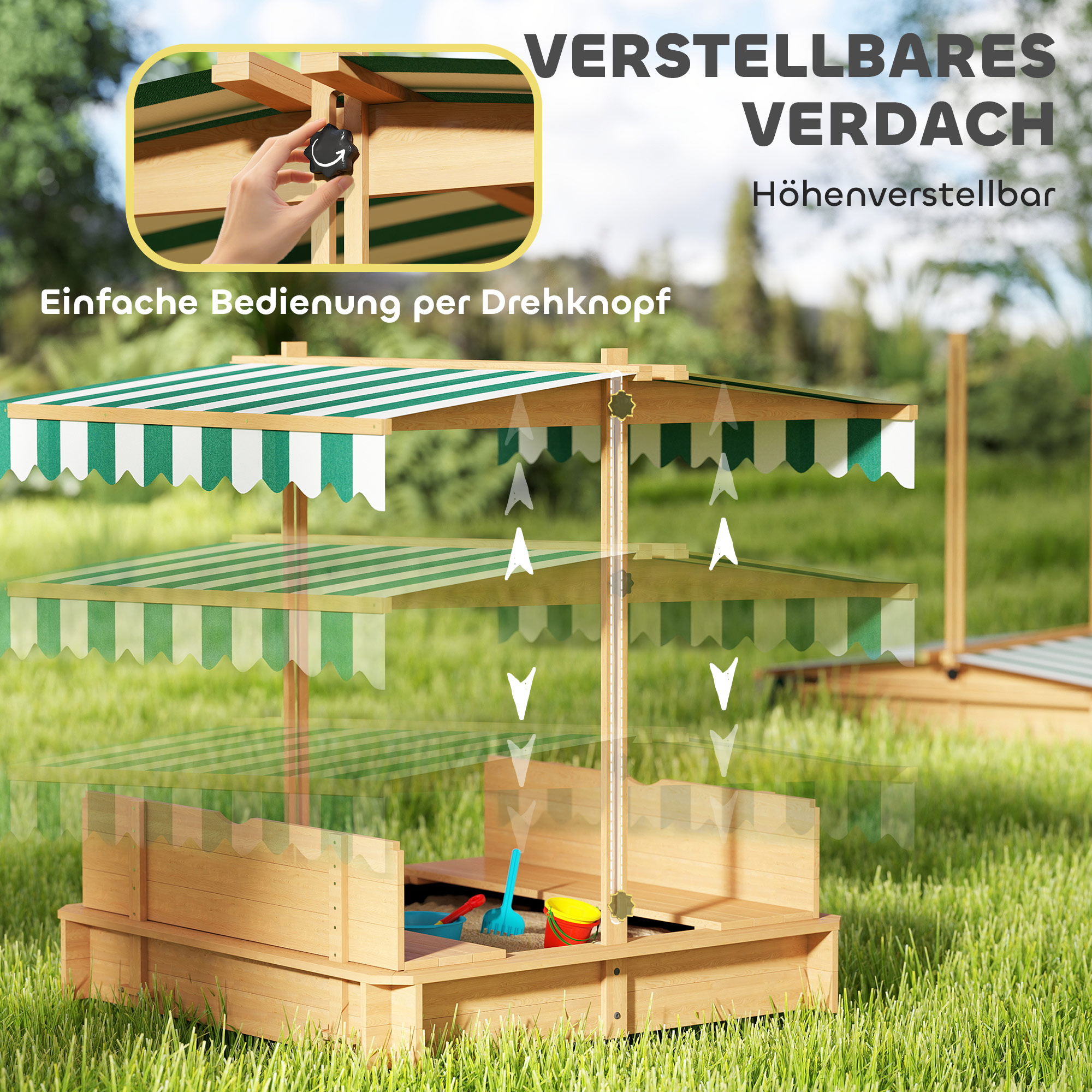 Sandkasten 106x106 cm Kinder Sandbox aus Holz mit höhenverstellbar Abdeckung Sitzbänken Rücklehnen Hellbraun