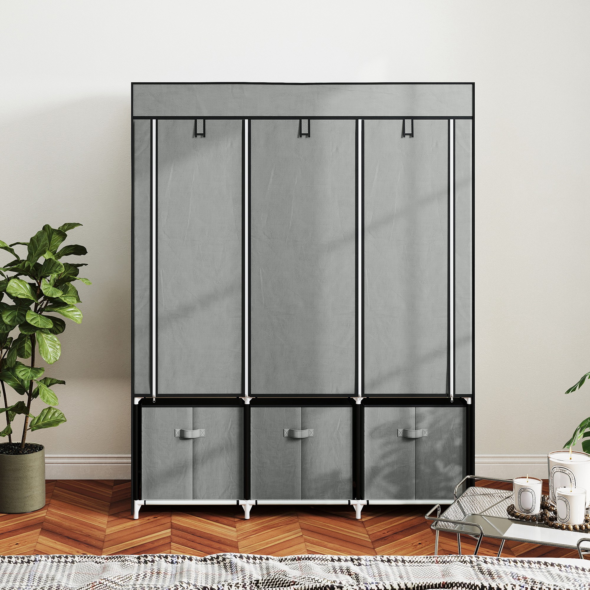 Stoffschrank aus Vlies, Faltschrank, inkl. 3 Schubladen, 125 cm x 43 cm x 162,5 cm, Hellgrau