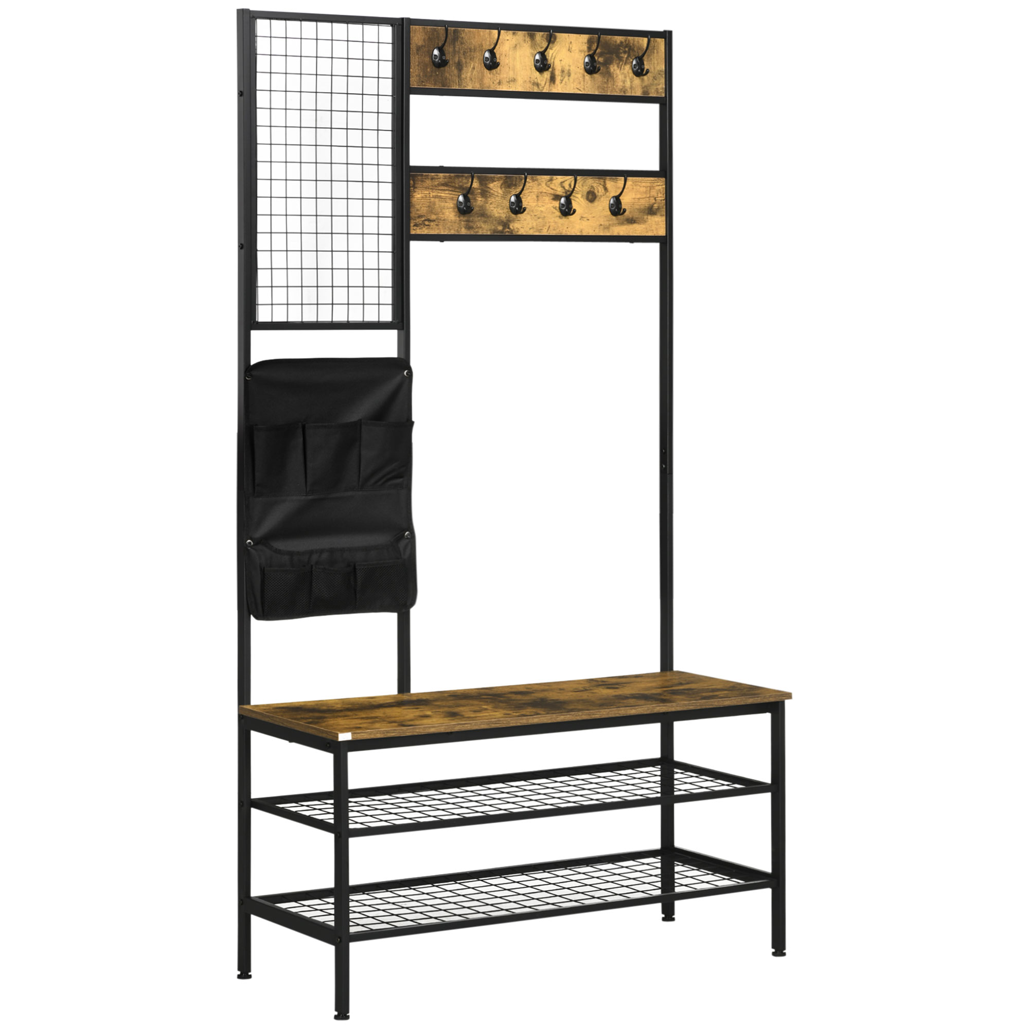 Garderobe im Industriedesign, 1 Memoboard, 1 Schuhbank, 8 Kleiderhaken, 1 Aufbewahrungstasche, Schwarz + Braun