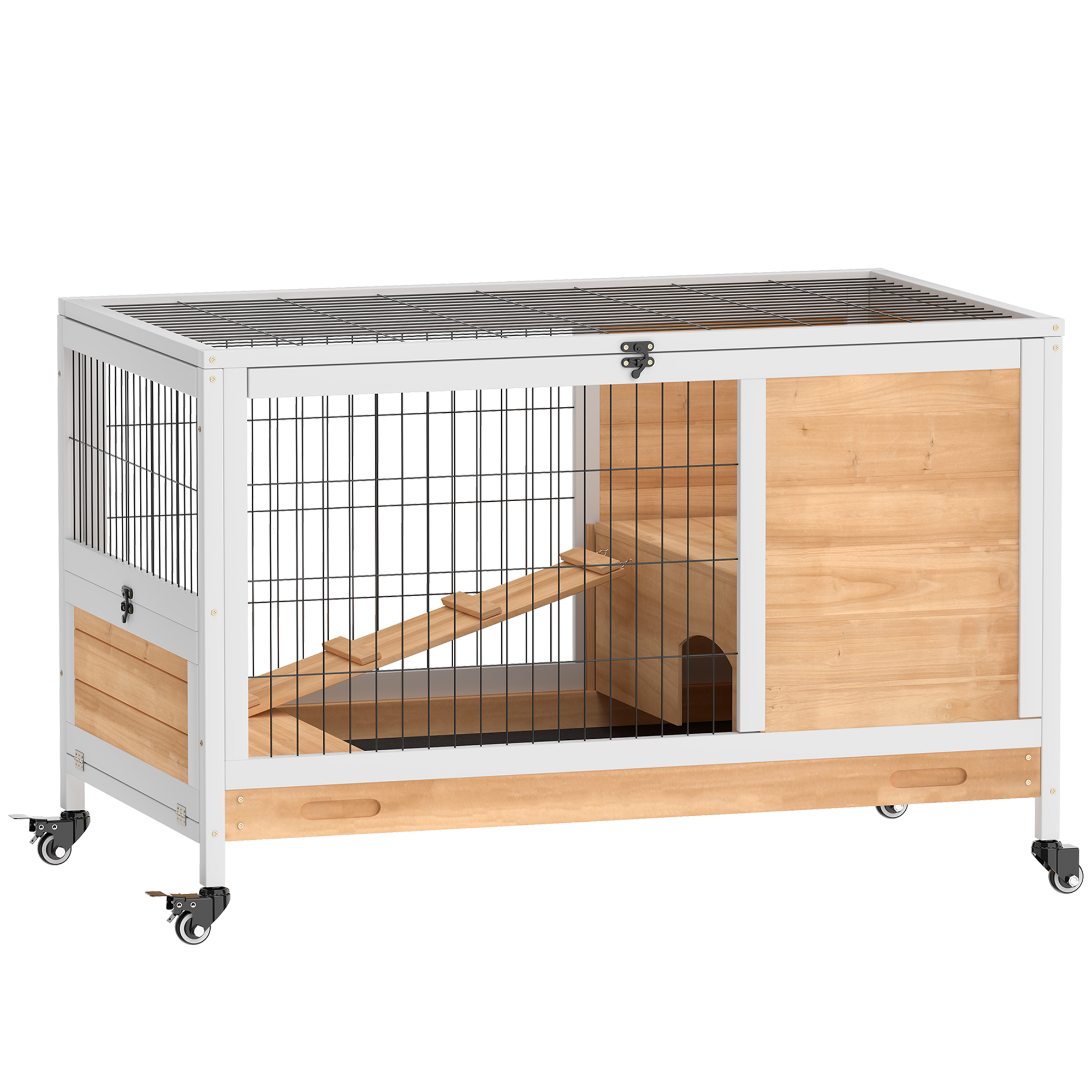 Kaninchenstall aus Holz Hasenstall mit 2 Etagen Klappdach Rädern Zwei Eingängen Rampe Ausziehbarem Tablett 90x53x59cm