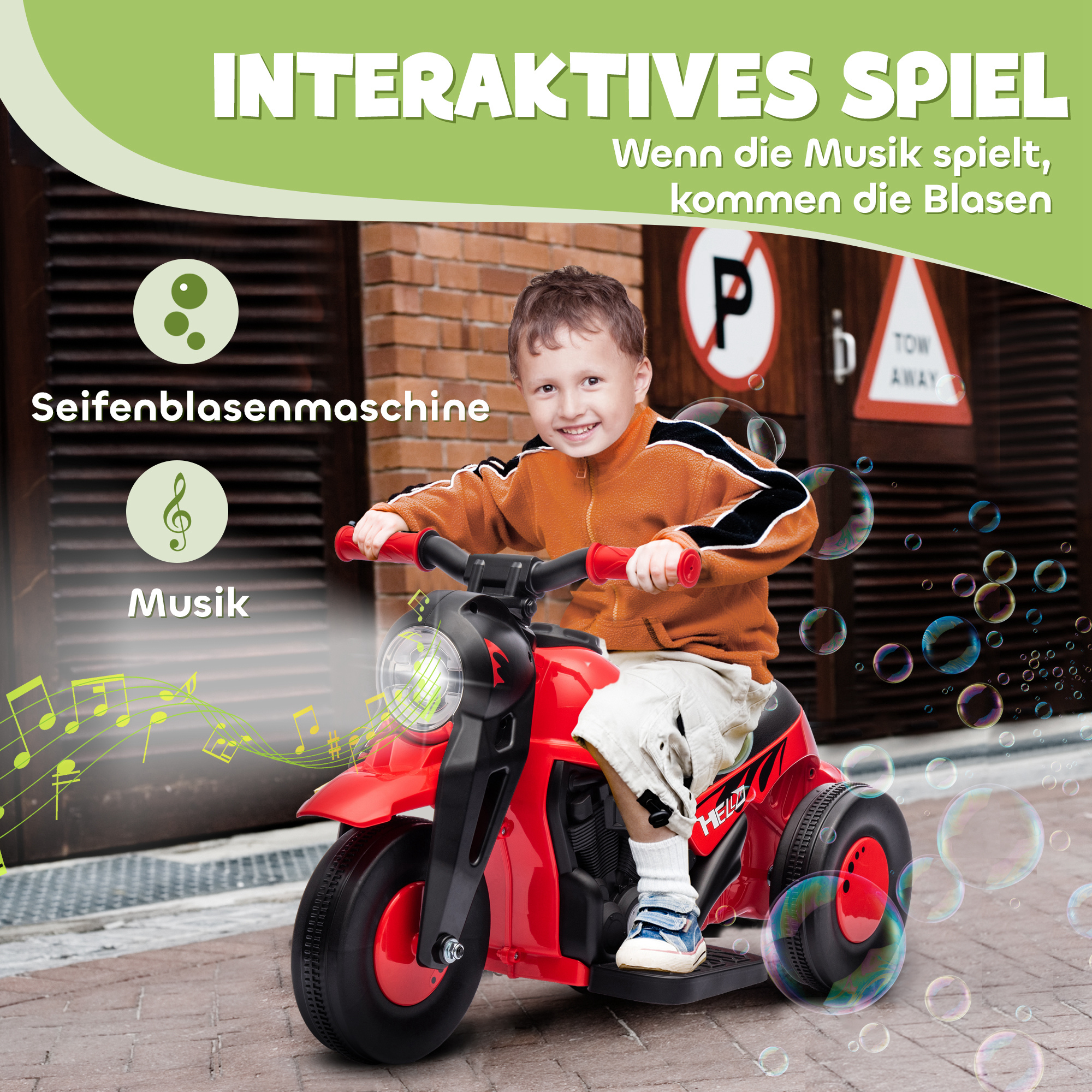 Kinder Elektro-Motorrad, 6V Kindermotorrad mit Musik, Blasen 2,5-3 km/h, für 2-5 Jahre Kinder