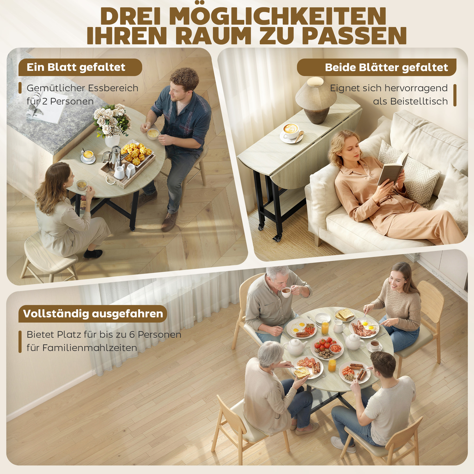 Klapptisch, Tisch mit Klappfunktion und offener Ablage, Rollbarer Küchentisch für Esszimmer, kleine Räume, Natur