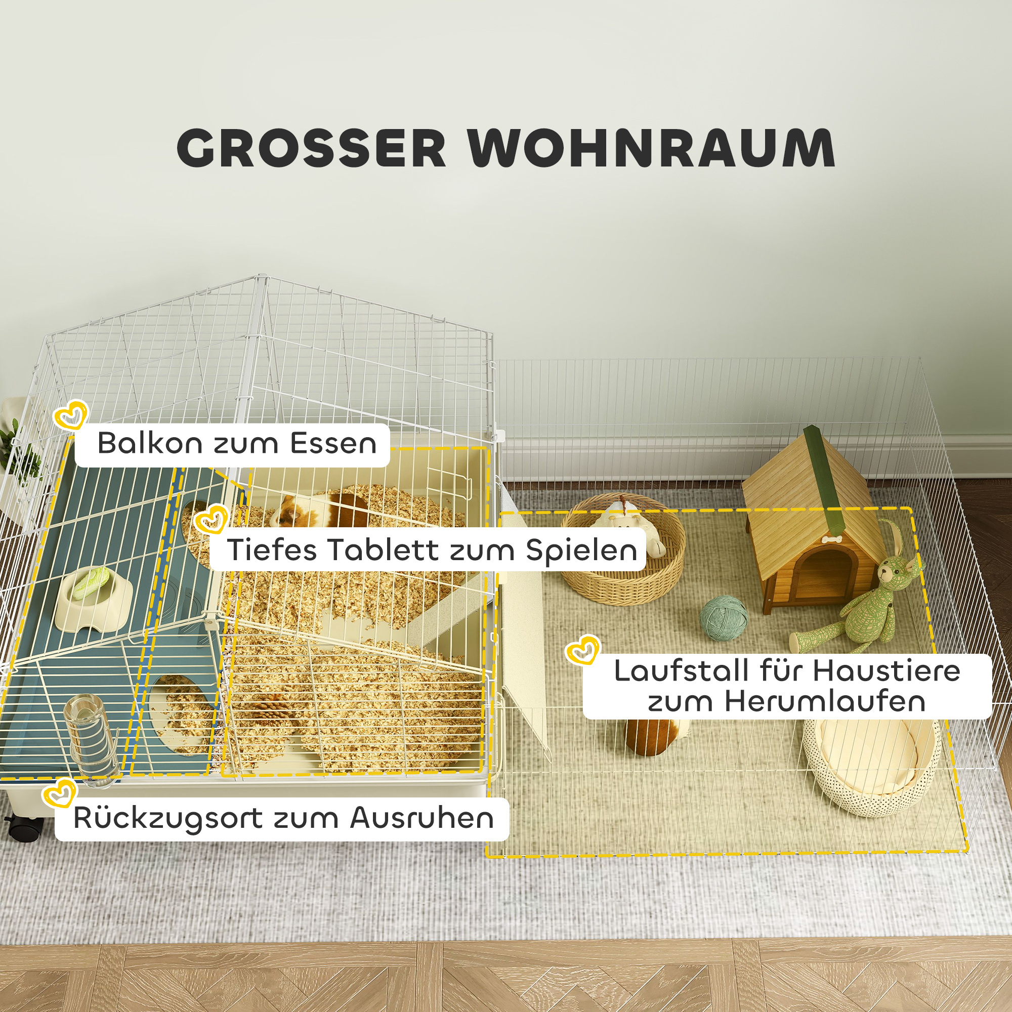 Kleintierkäfig, Balkon, Rampe, Futtertrog, Wasserflasche, 2-Ebenen-Design, Weiß