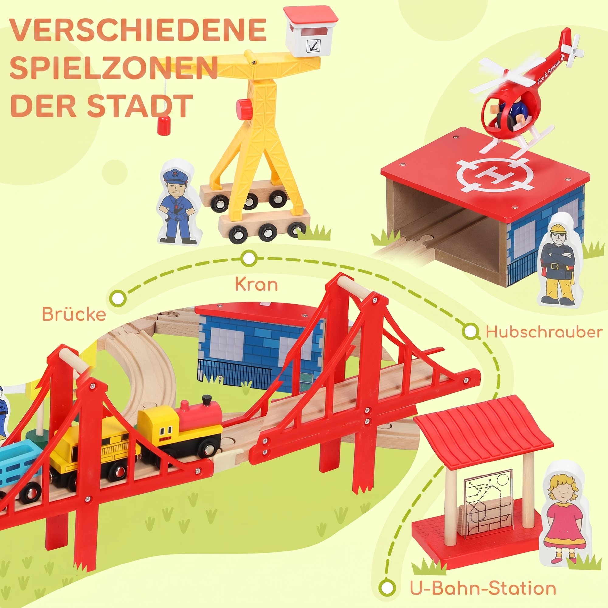 Holzeisenbahn Set 133 Stück Eisenbahn Set mit Elektrische Lok Zügen Grundplatte, Schienen Kran Brücke Kleinkinder ab 3