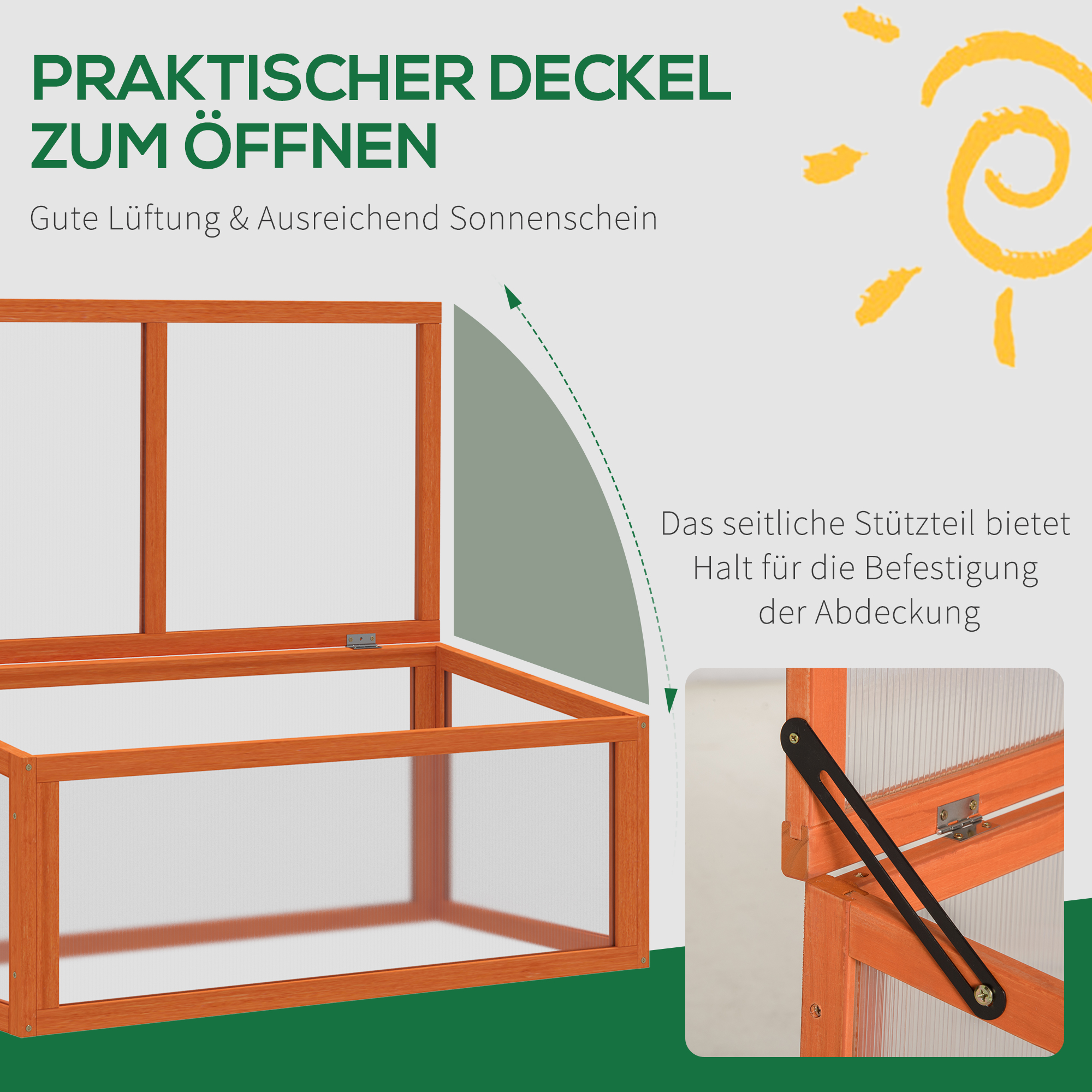 Frühbeet Holz und Polycarbonat Treibhaus 90 x 46 x 40 cm Gewächshaus mit Abdeckung wetterfest Frühbeetkasten für Garten Pflanzenbeet Orange