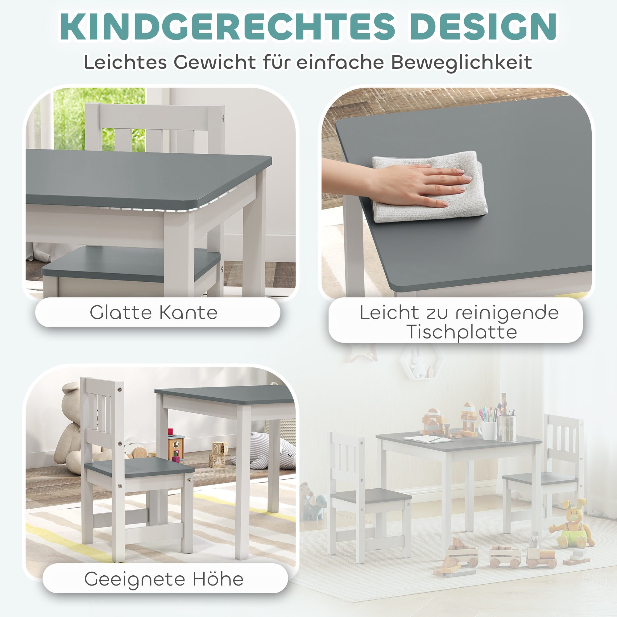 Kindertisch mit 2 Stühlen, 3tlg Kindersitzgruppe, Sitzgruppe für Kinder, Kindermöbel, 56 x 52 x 48 cm Grau