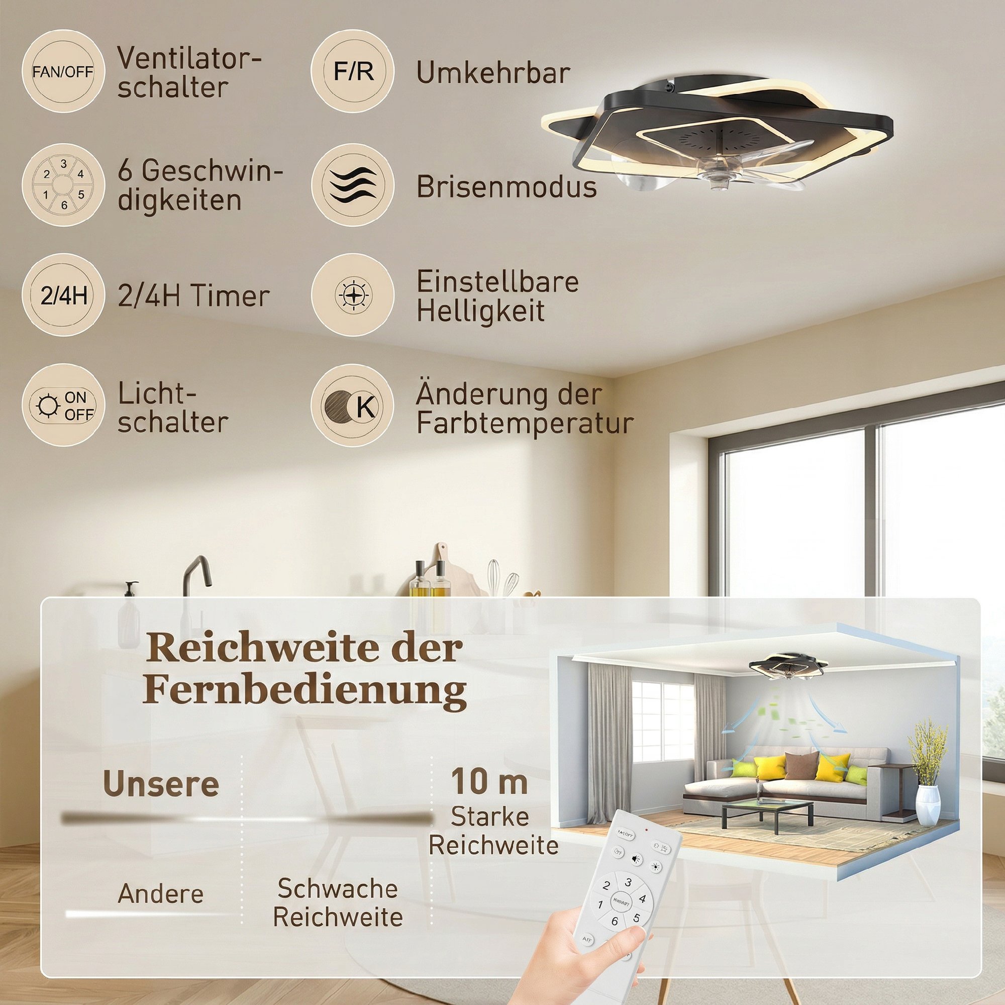 Deckenventilator mit Licht und Fernbedienung, LED-Deckenventilator mit 6 Geschwindigkeiten, 3 Farbtemperaturen