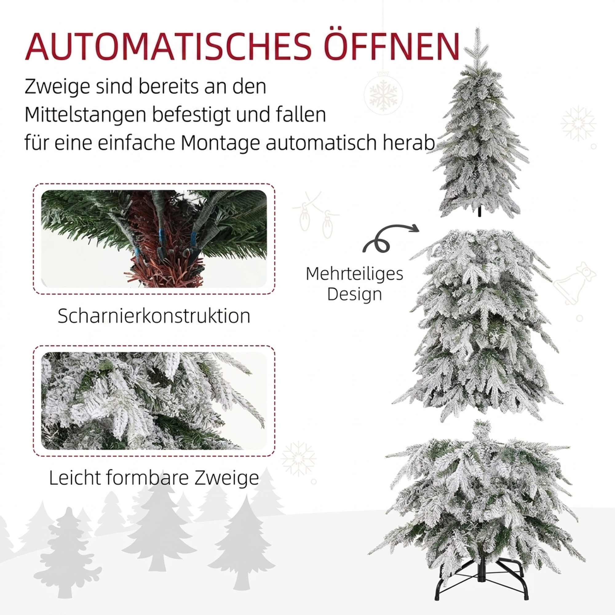 Weihnachtsbaum künstlich 180 cm Christbaum wie echt mit 600 dichten Zweigen, Kunstschnee, Auto-Öffnung