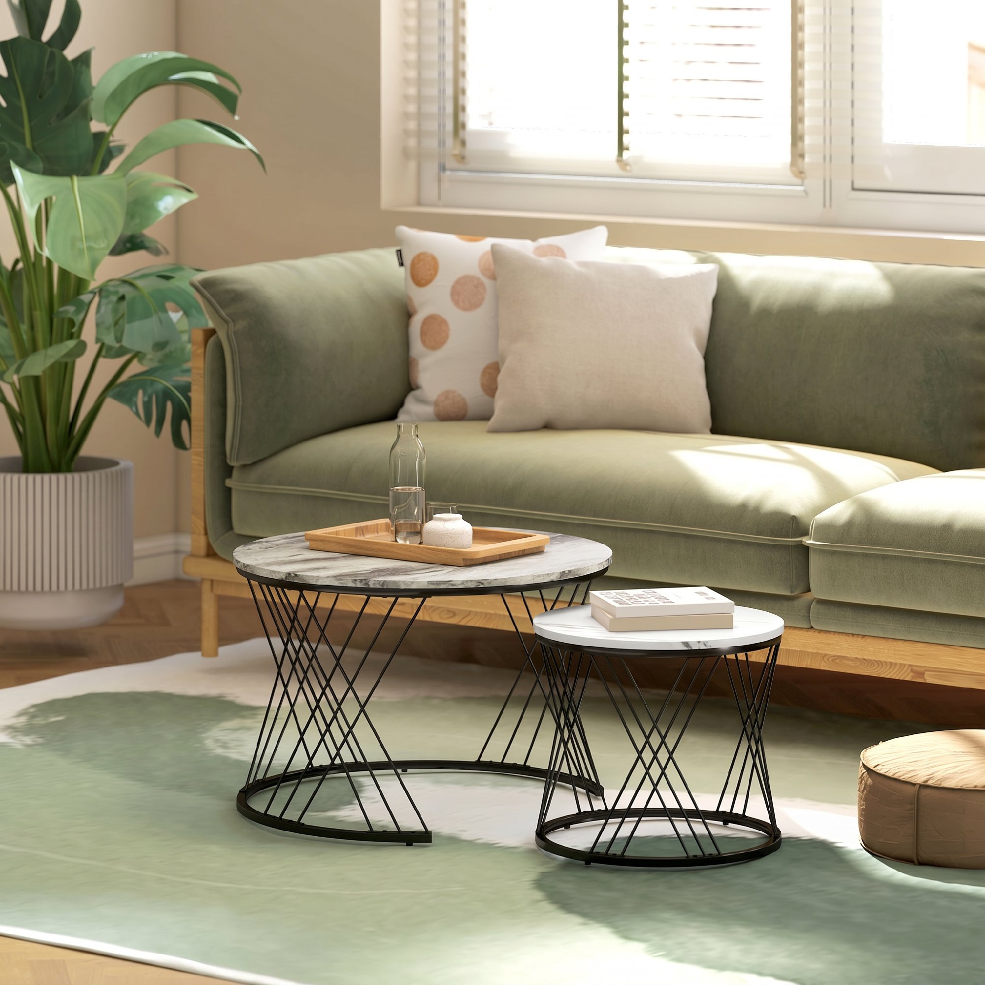 Couchtische im 2er-Set, Marmoroptik, Spanplatte, Metall, runde Kaffeetische für Wohnzimmer, ineinanderstellbar Grau+Weiß