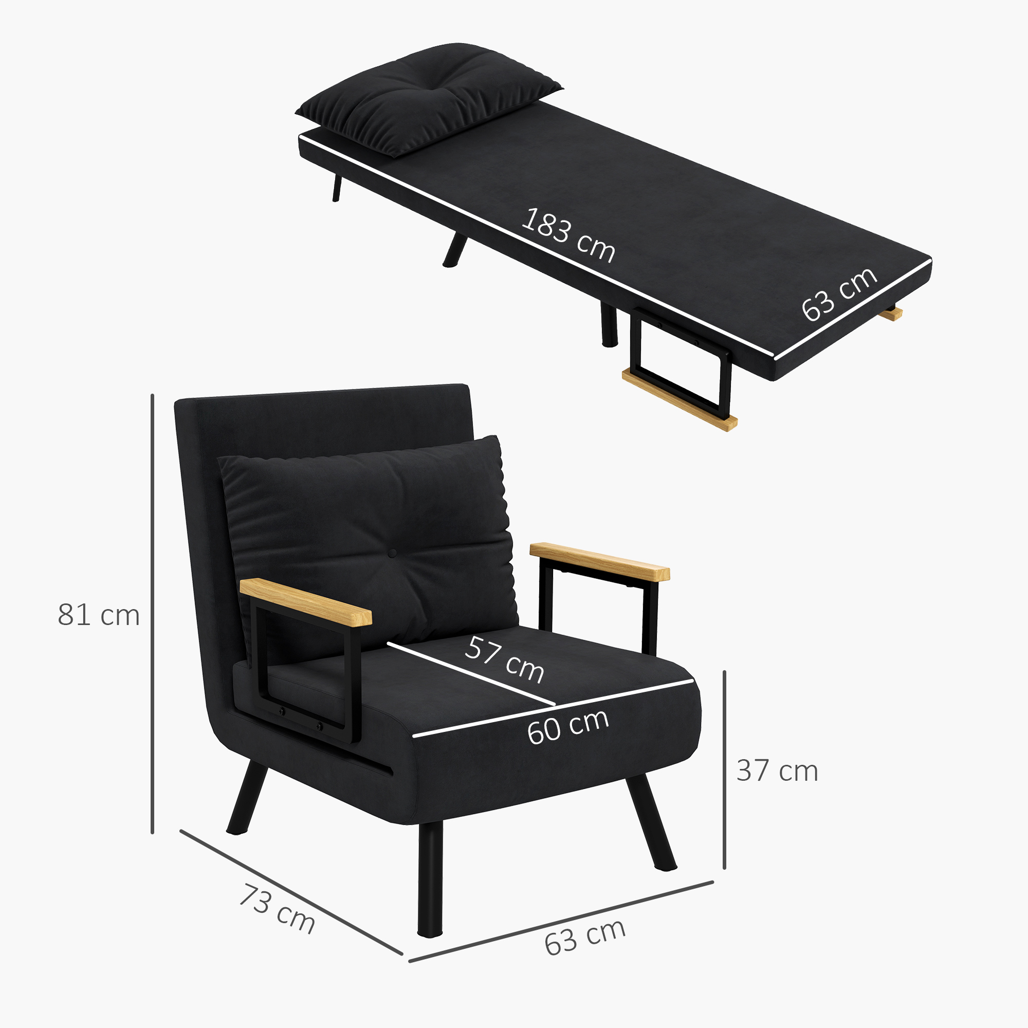 Relaxsessel im Skandidesign, Liegesessel, Lesesessel. ink. Kissen mit Knopfhefung, Schwarz