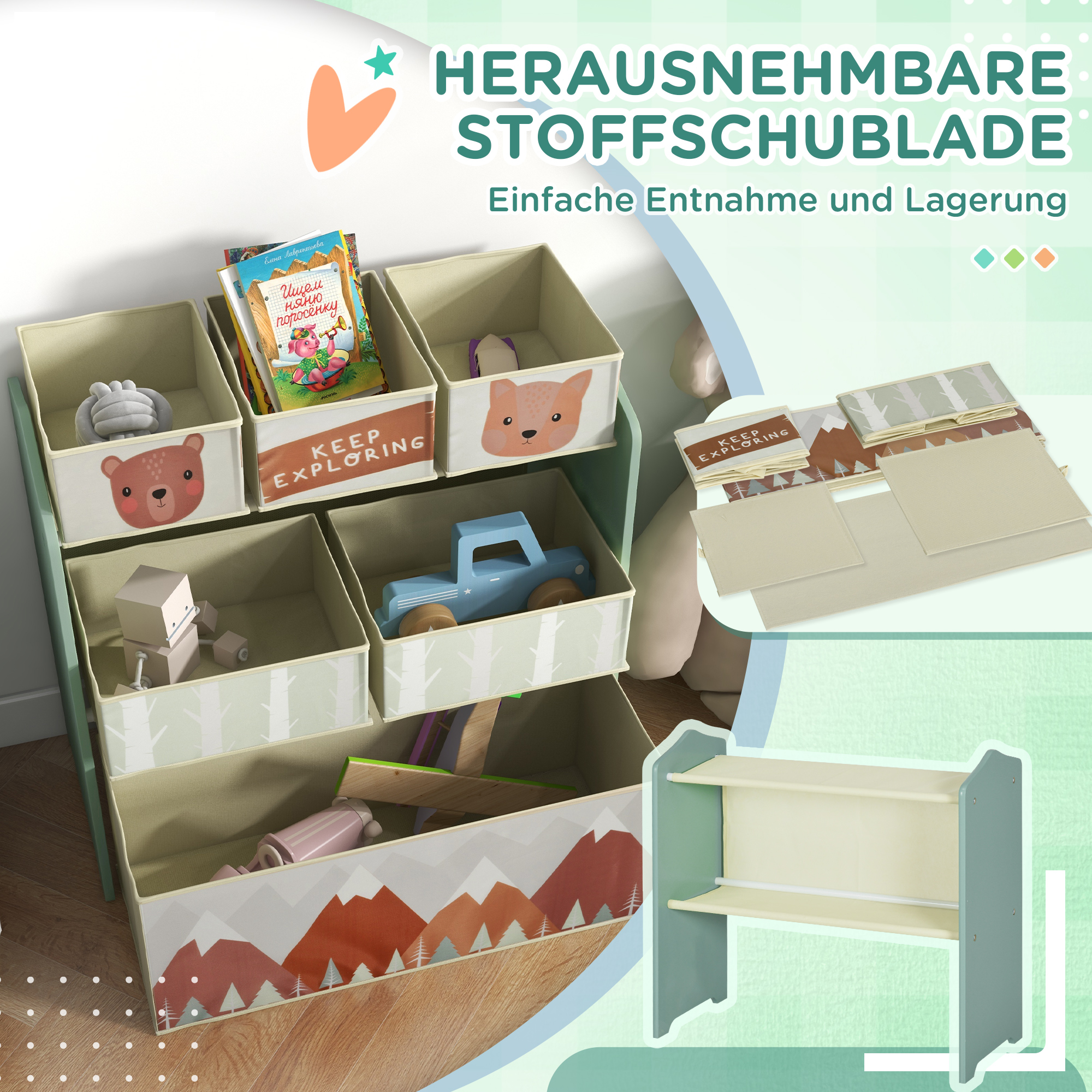 Kinderschrank mit 6 Stoffboxen, niedliches Motiv, 63x30x66 cm, Grün