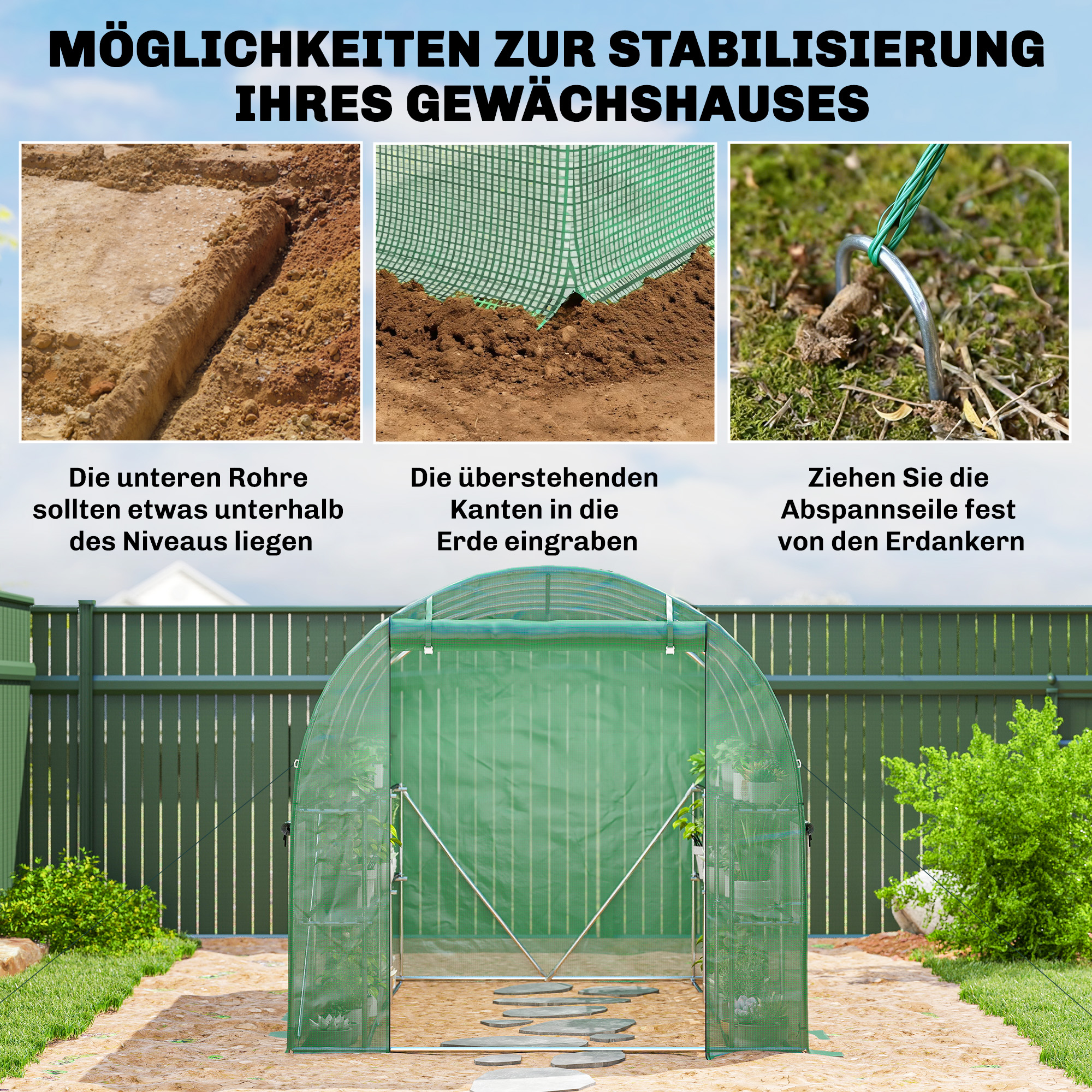 Gewächshaus ca. 2,7 x 2 x 2 m Foliengewächshaus mit Regalen Rollbar Reißverschlusstür 6 Netzfenster Stützstangen