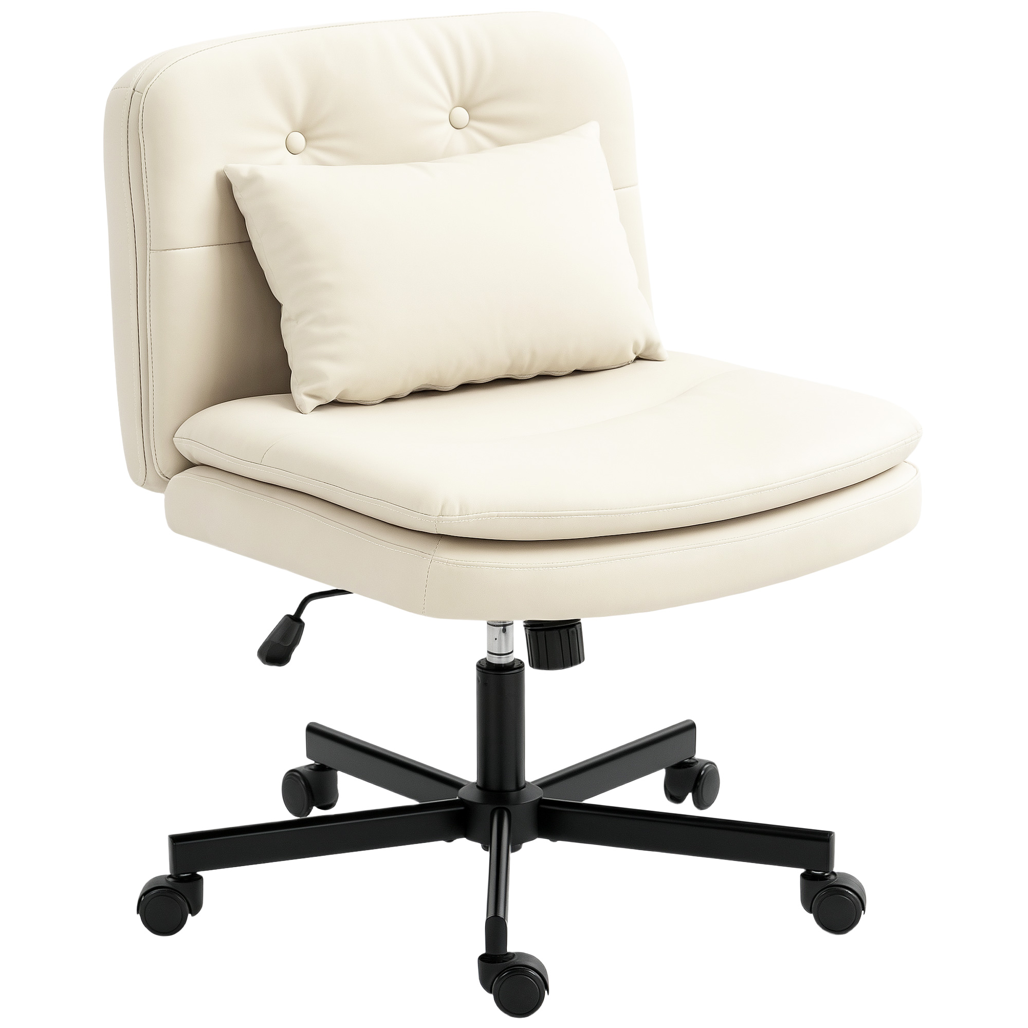 Armloser Bürostuhl mit Kunstleder-Bezug, Schreibtischstuhl mit Rollen, Extra-Kissen, höhenverstellbar, rollbar, Beige Armloser Bürostuhl mit Kunstleder-Bezug, Schreibtischstuhl mit Rollen, Extra-Kissen, höhenverstellbar, rollbar, Beige