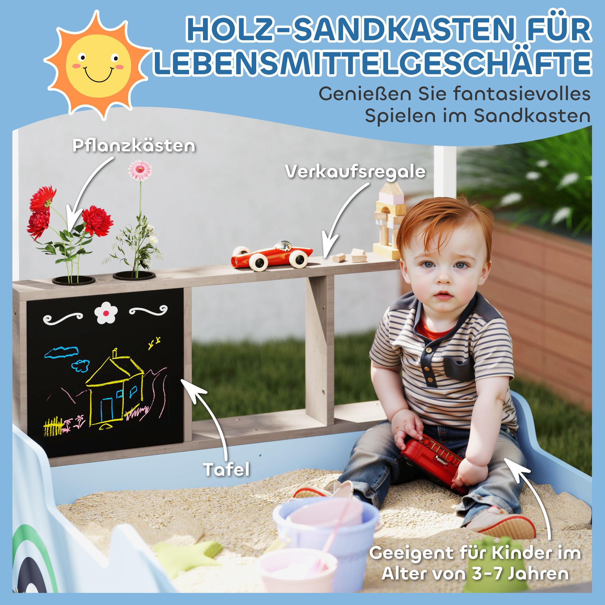 Sandkasten mit Vordach, Einkaufsladen-Design, Sitzbank, Zeichentafel, Tannenholz, 104H x 108L x 90B cm, Blau