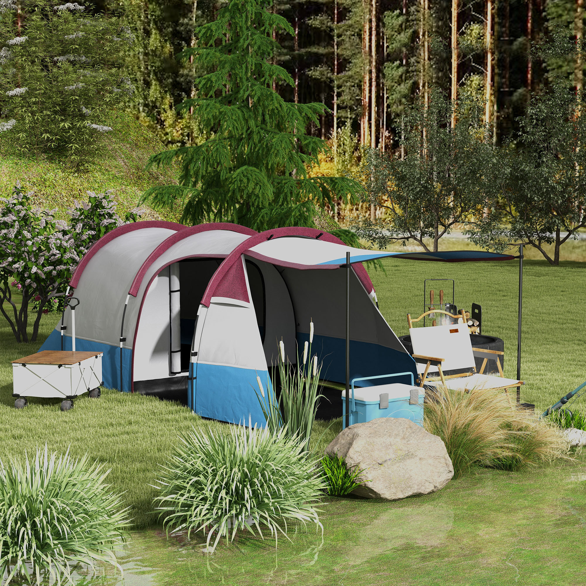 Campingzelt, für 3 Personen, Laternenhaken, drei Eingänge, wasserdicht, Rot