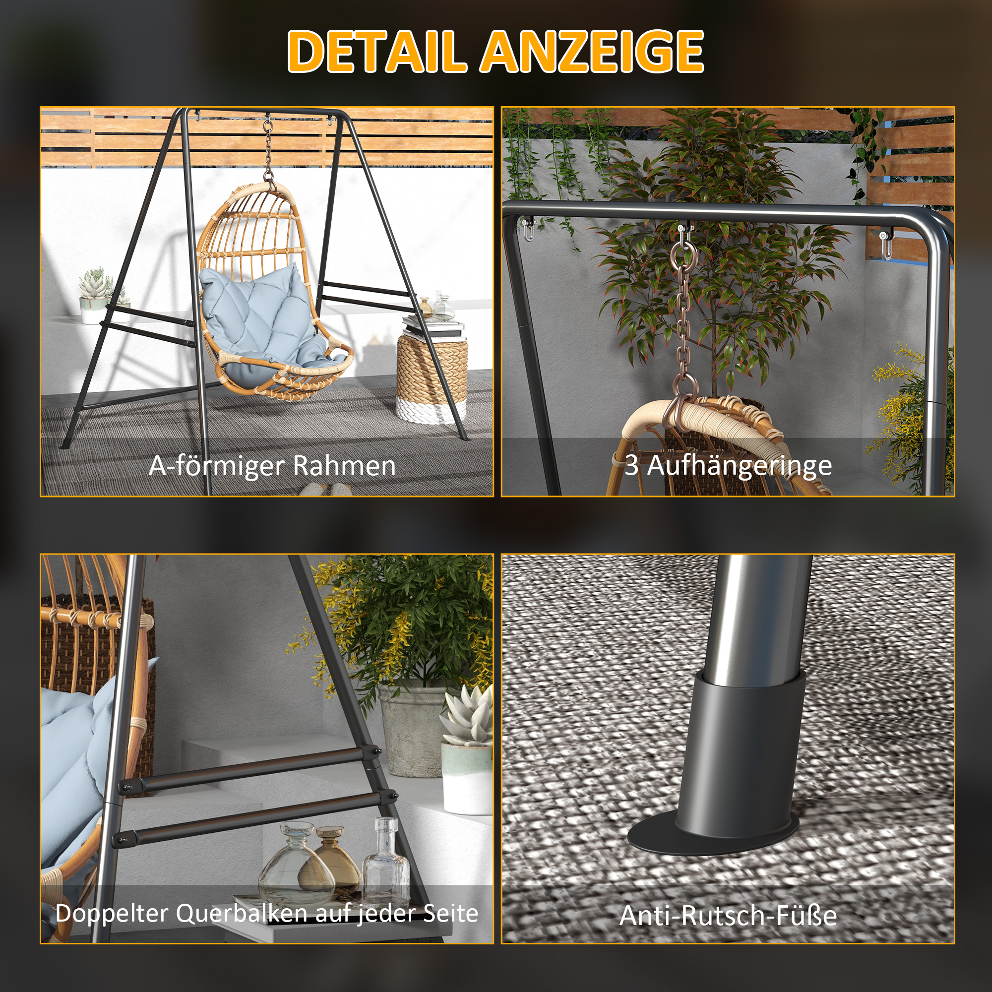 Hängestuhlgestell, robust & wetterfest, Indoor & Outdoor, bis 150 kg, Stahl, 178 x 143 x 180 cm, Schwarz