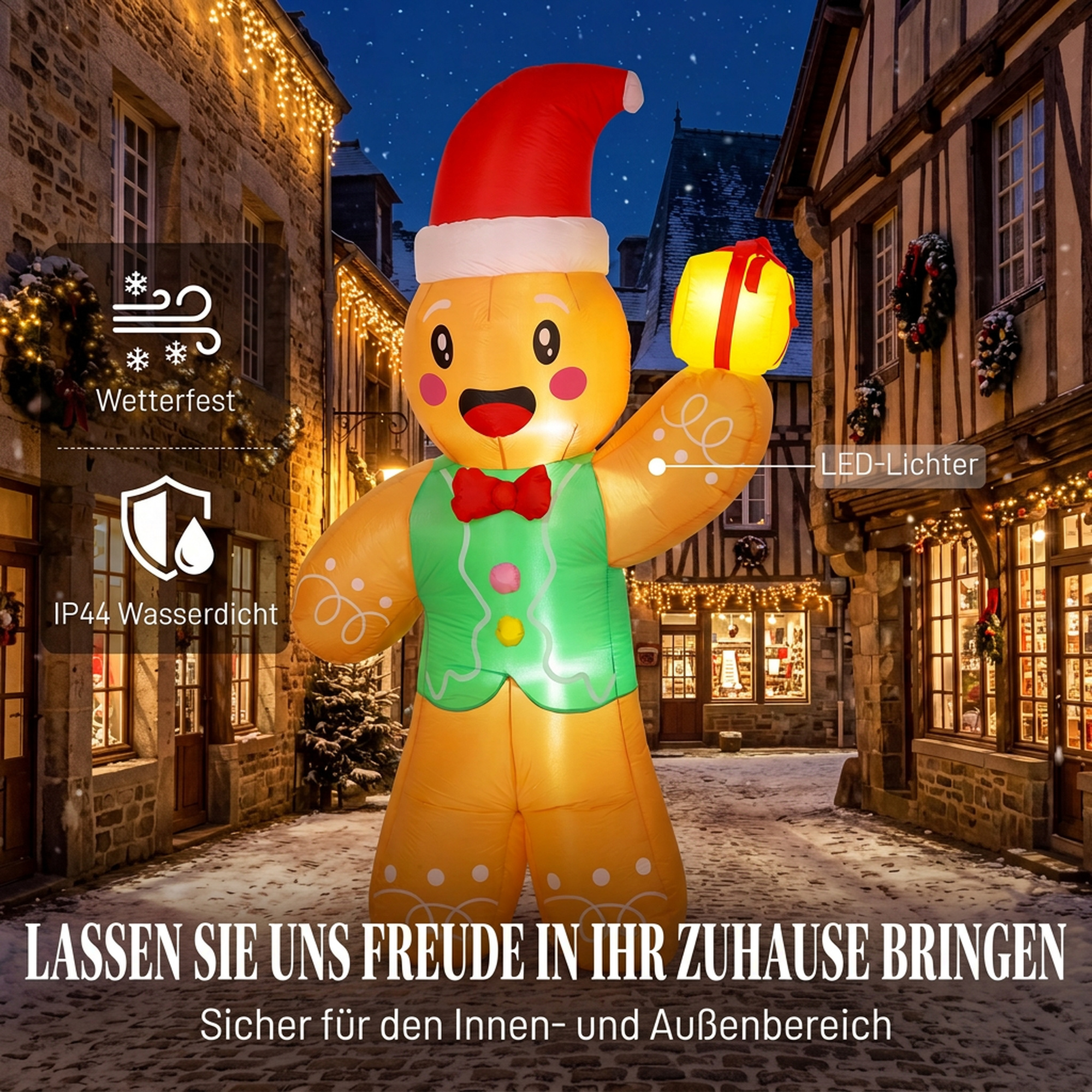 Aufblasbarer Weihnachts-Lebkuchenmann, 250 cm, mit Geschenkbox und LEDs, für außen